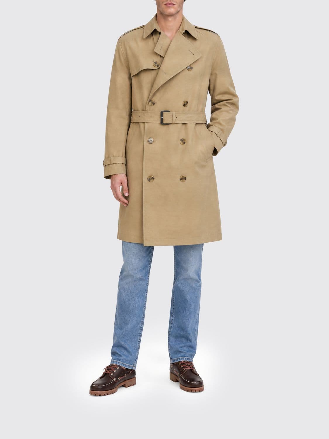 Boss Double-Breasted Cotton Knee-Length Trench Coat with Belt and Epaulettes