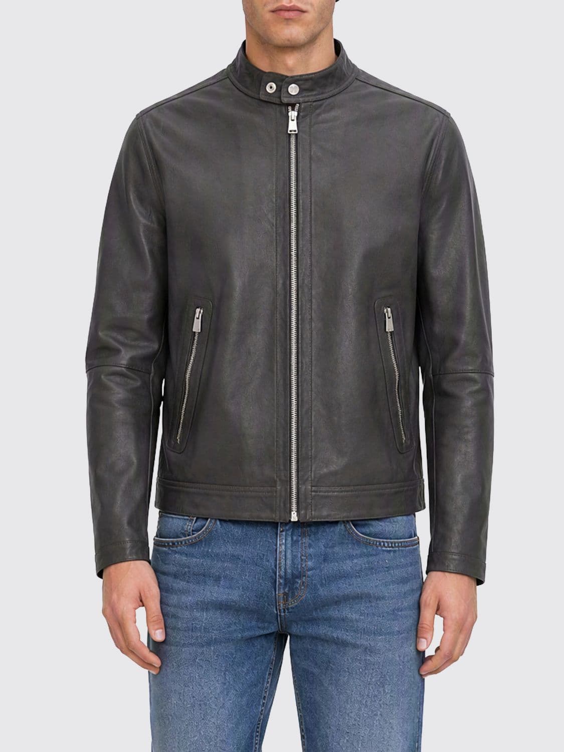 Boss Short Leather Biker Jacket with Biker Collar and Metal Zip Closures