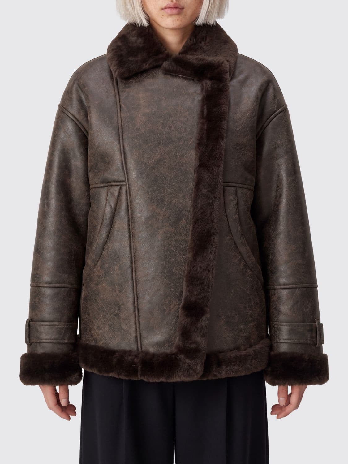 Liu Jo Cropped Faux Leather Aviator Jacket with Faux Fur Lining