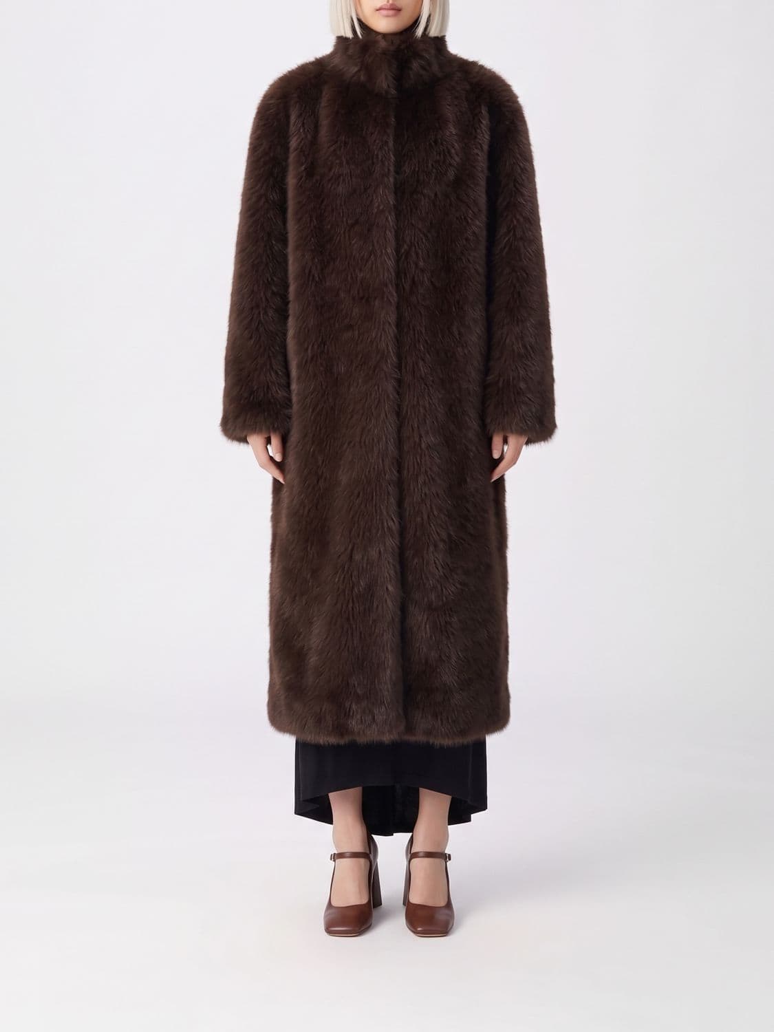 Liu Jo Single-Breasted Long Faux Fur Coat with High Neck
