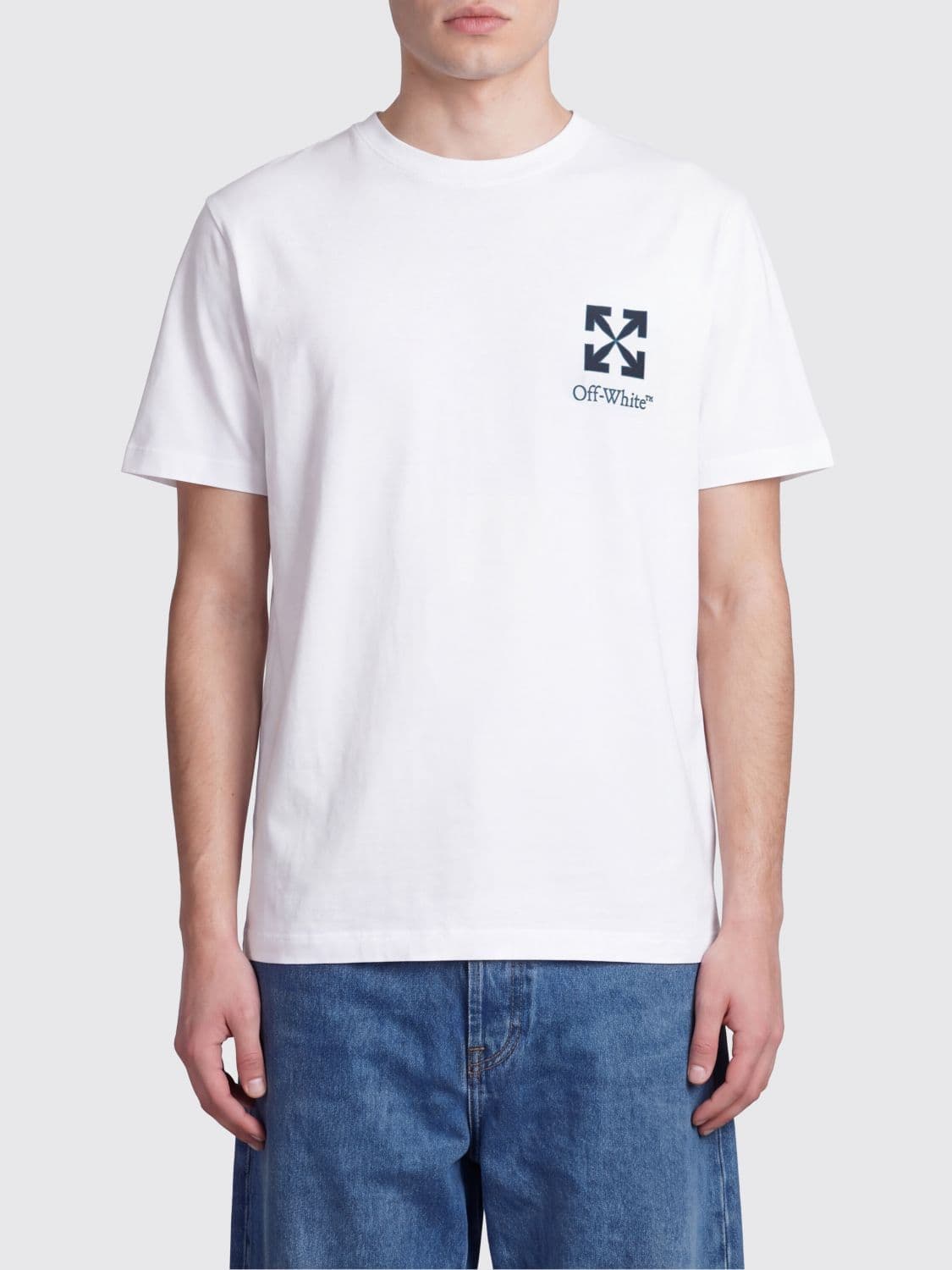 Off-White Crewneck Cotton T-shirt with Arrow Logo Printed on the Back