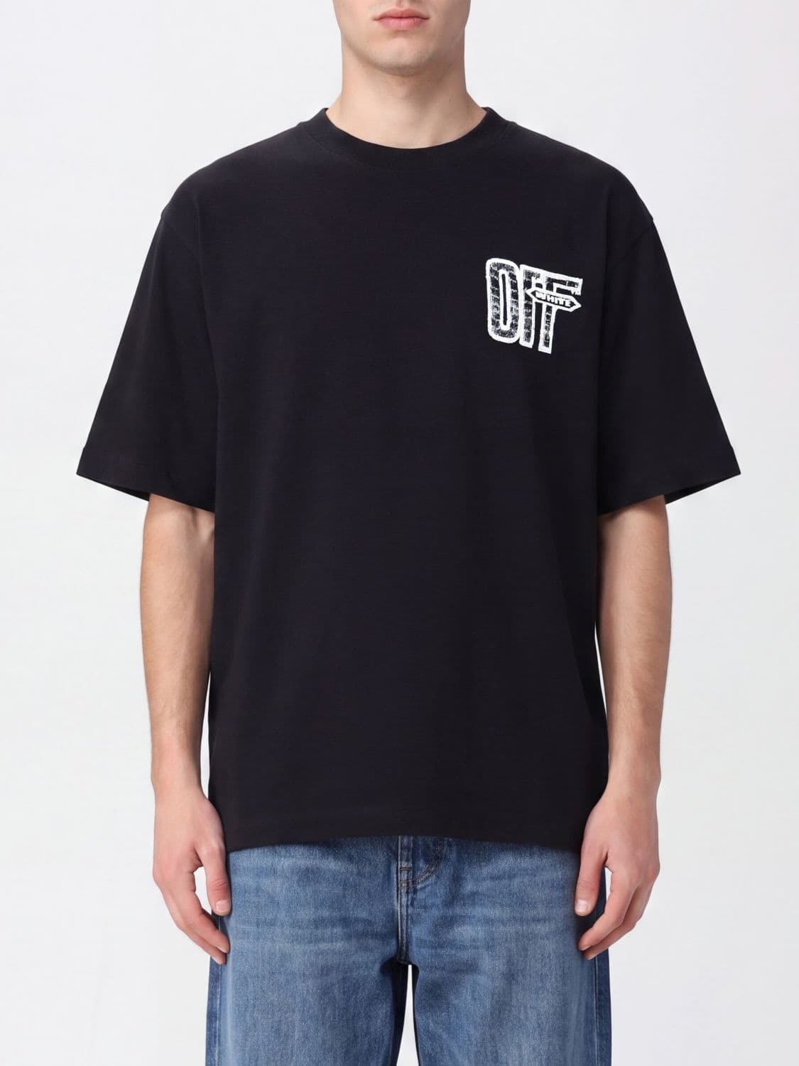 Off-White Cotton Crewneck T-shirt with Contrast Arrow Logo Print