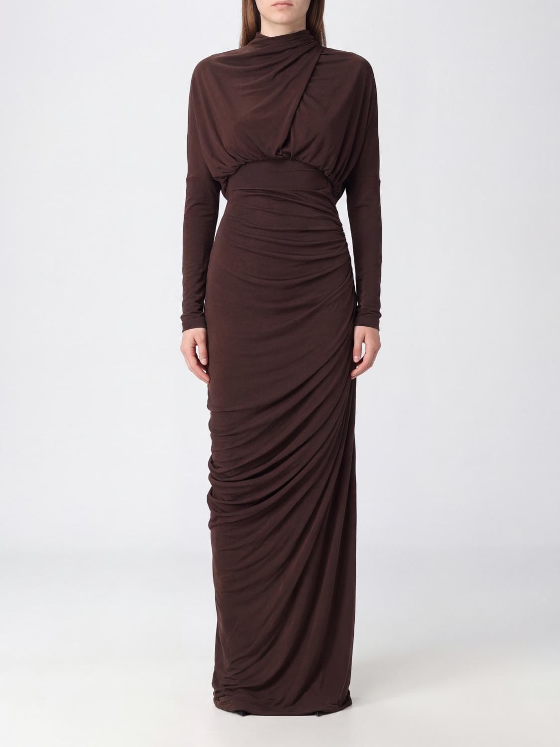 Balmain Draped High-Neck Long Viscose Sheath Gown