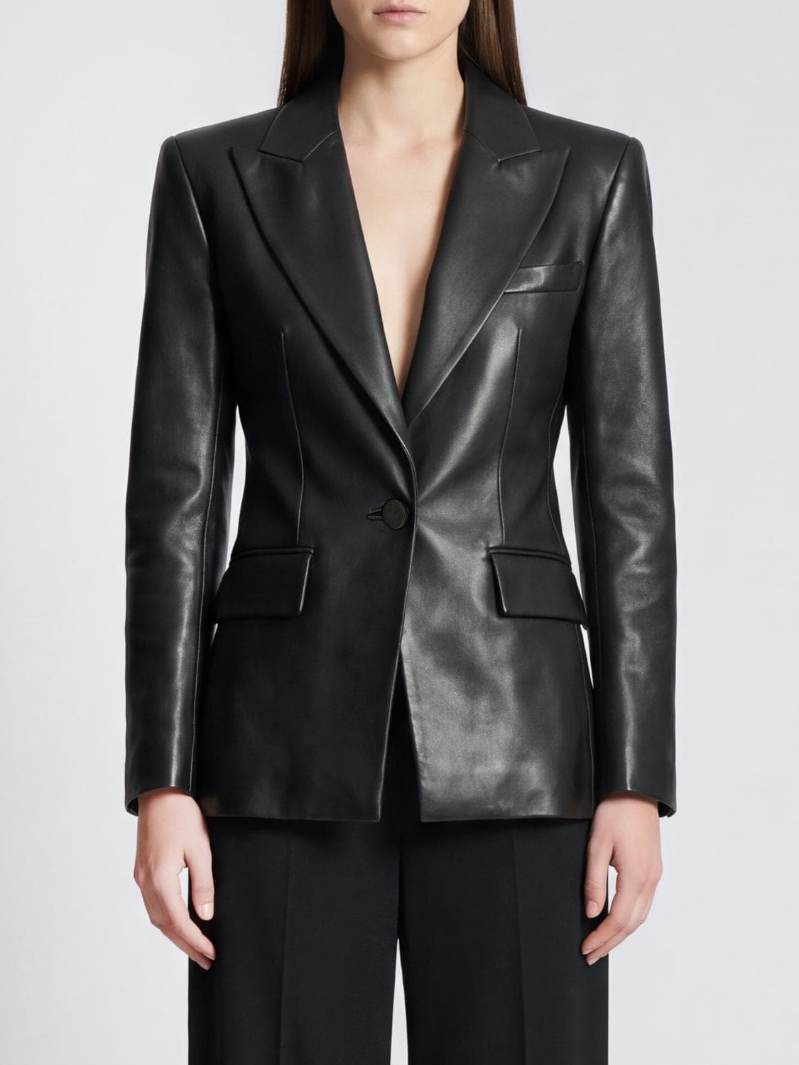 Balmain Slim Fit Cropped Lambskin Leather Blazer with Peak Lapels