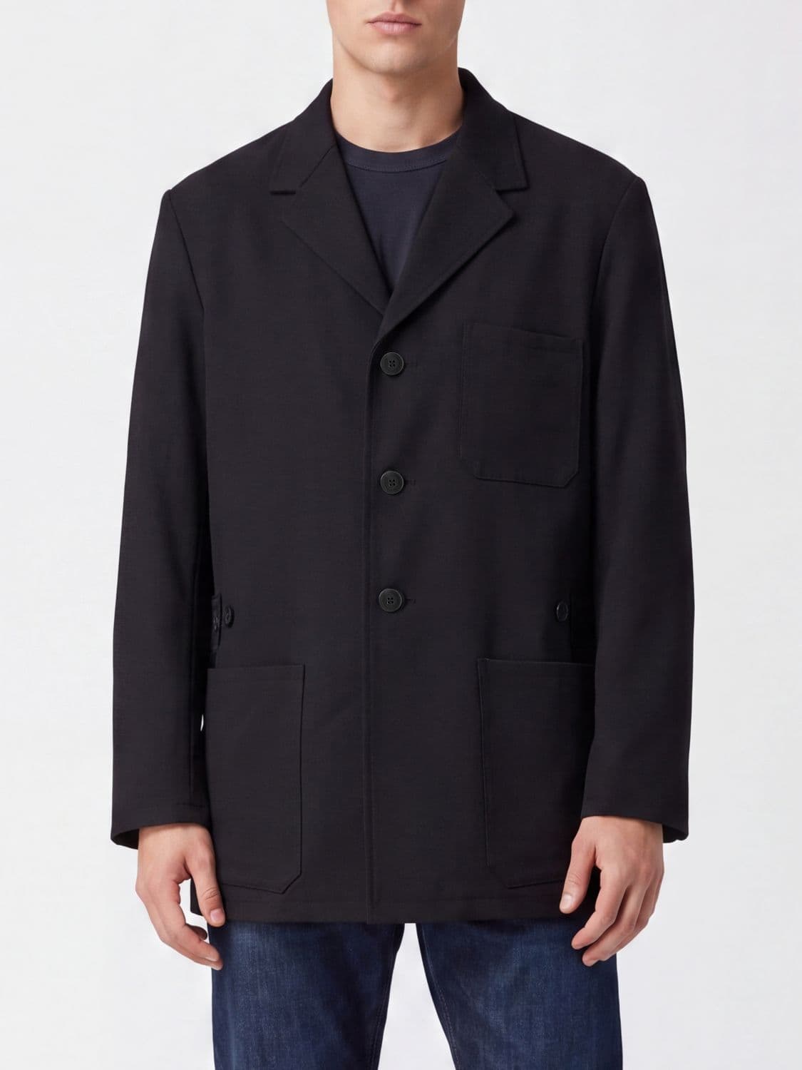 Y-3 Single-Breasted Short Coat in Wool Blend with Lapel Collar