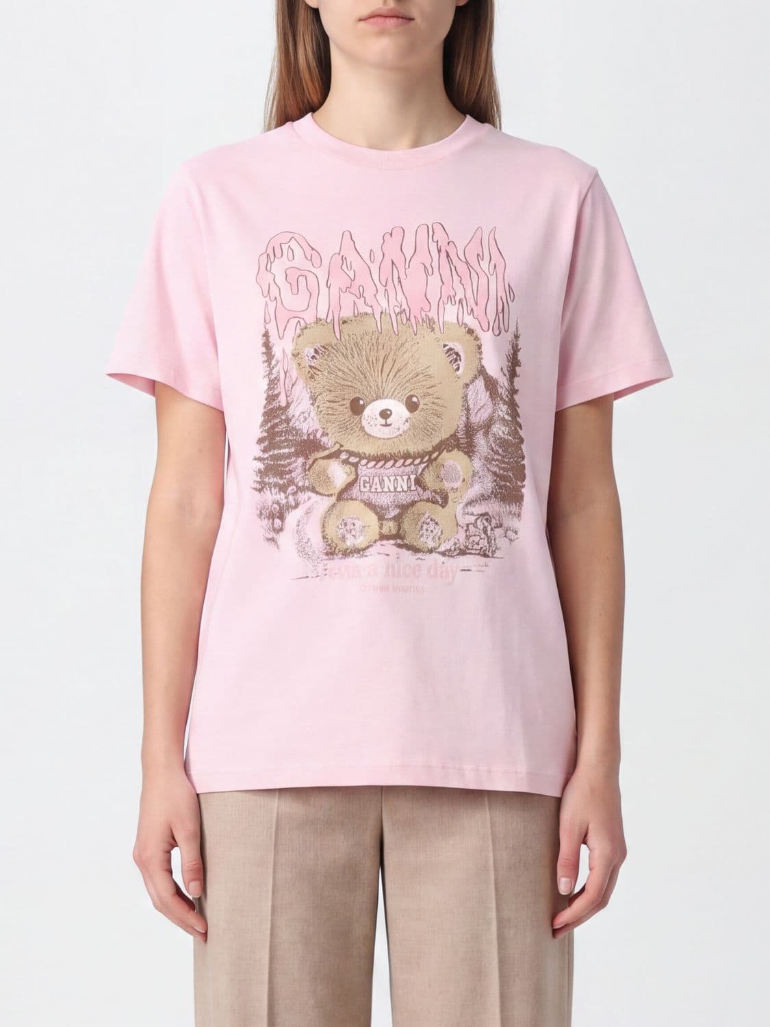 Ganni Pink Cotton T-shirt with Teddy Bear Print and Contrast Logo