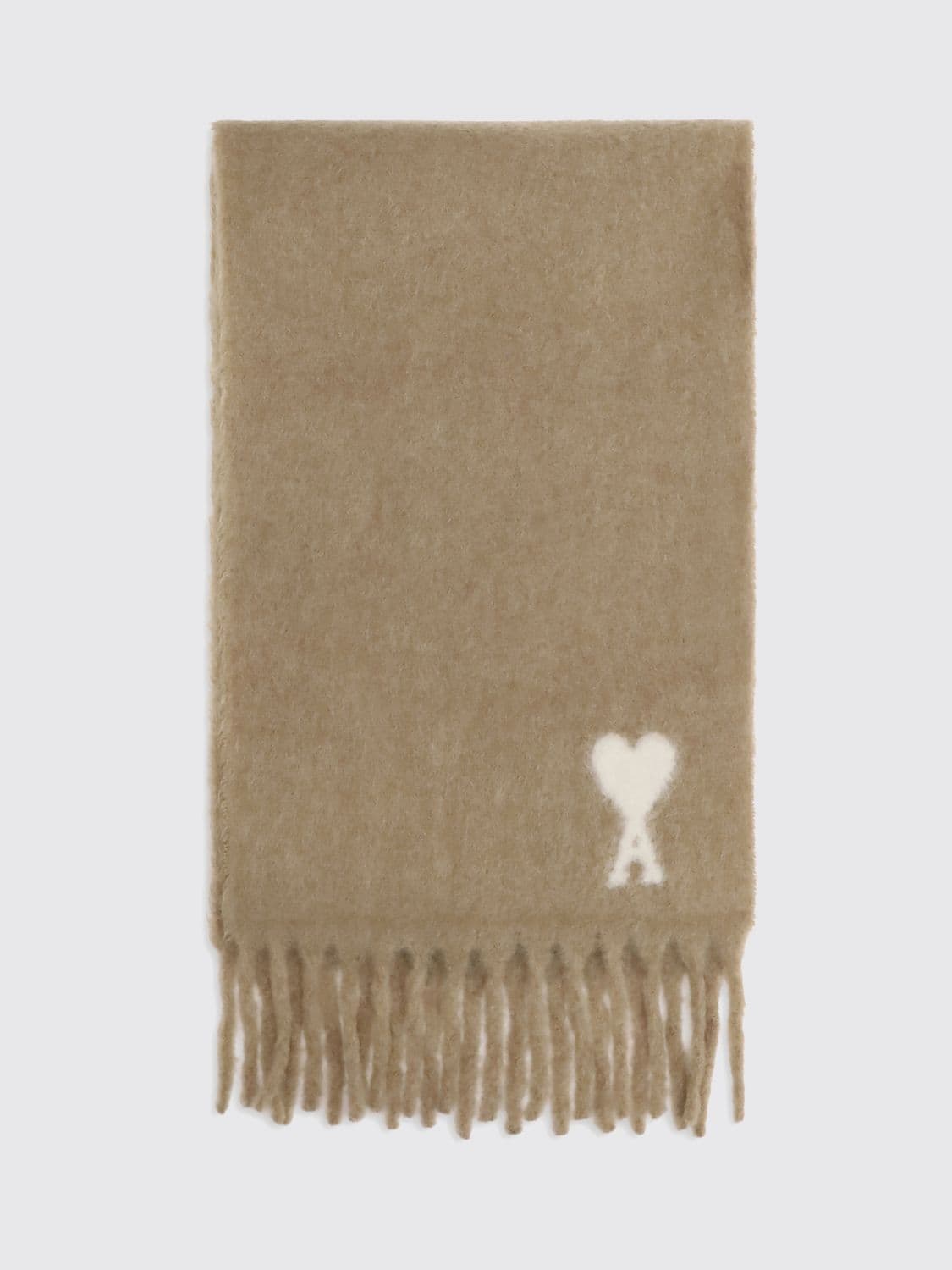 Ami Paris Alpaca Wool Scarf with Printed Logo and Fringed Edges