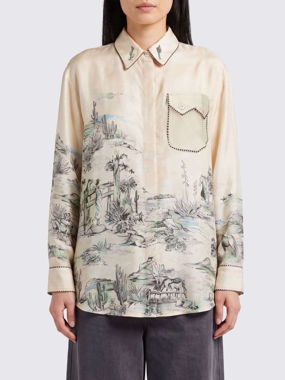 Alemais Scout Graphic Print Pure Silk Shirt with Patch Pockets