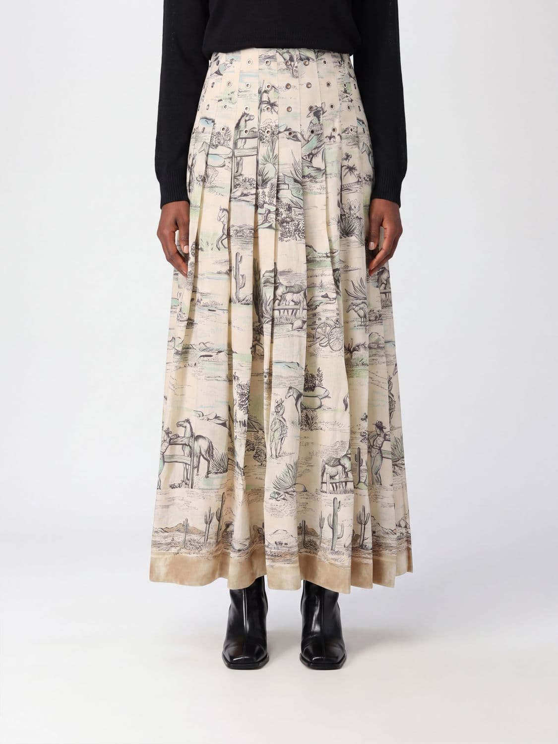 Alemais Scout Graphic Embroidered Linen Blend Full Midi Skirt