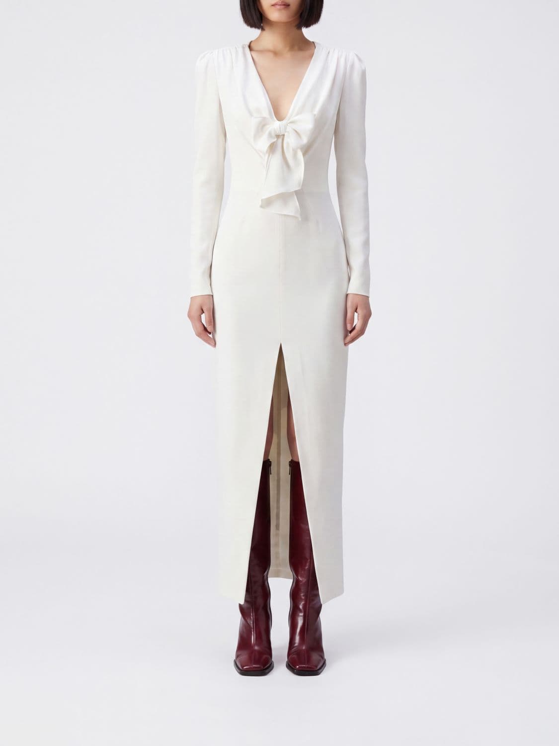 Alessandra Rich Crêpe Sheath Midi Dress with Bow and Front Slit