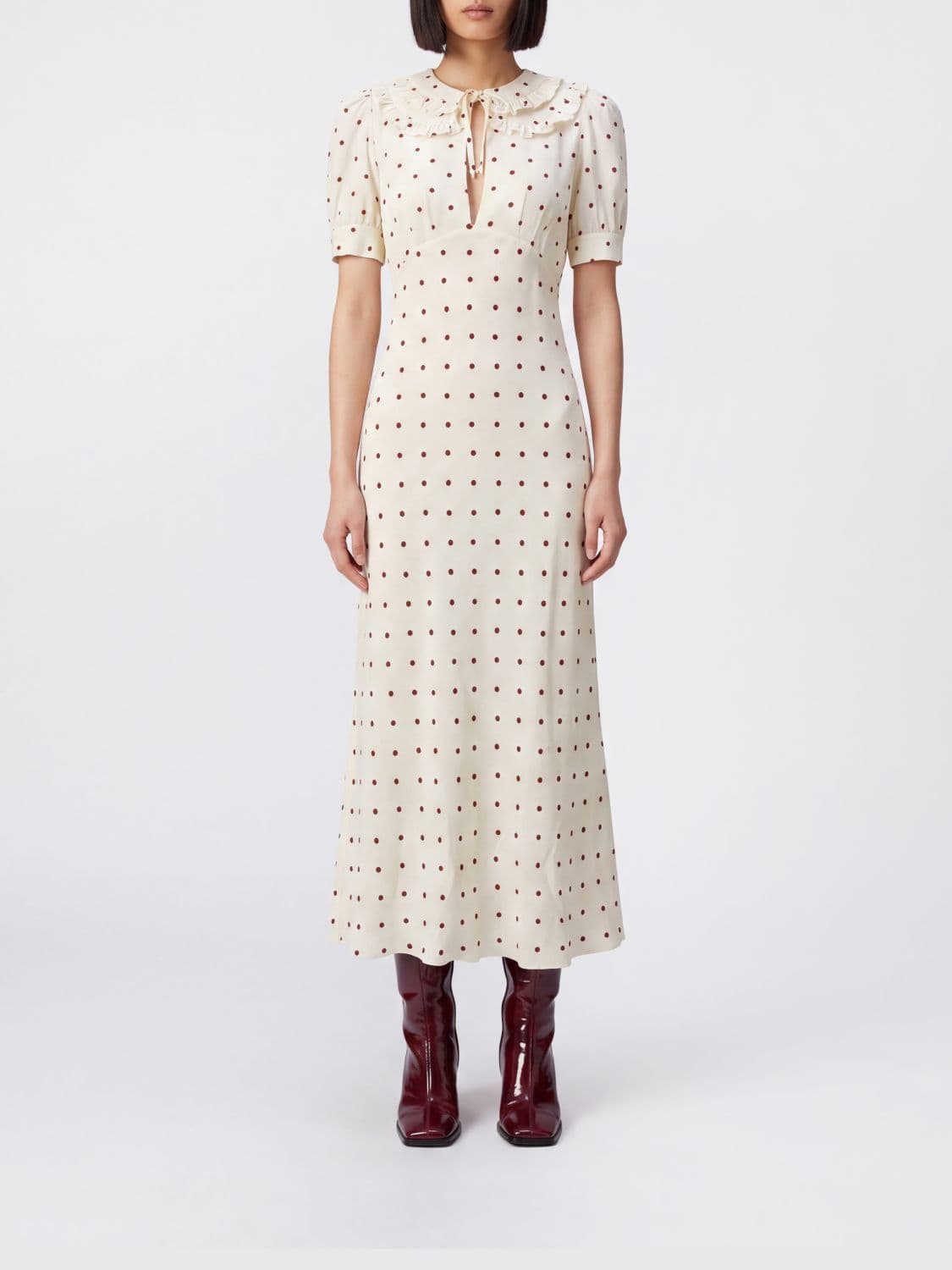 Alessandra Rich Polka-Dot Silk Sheath Midi Dress with Teardrop Neckline