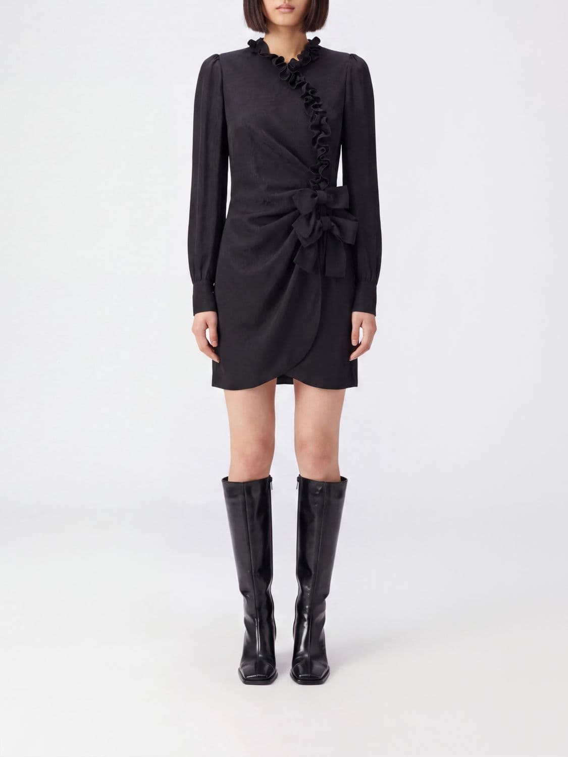 Alessandra Rich Pure Silk Wrap Mini Dress with Rouches Collar · 40