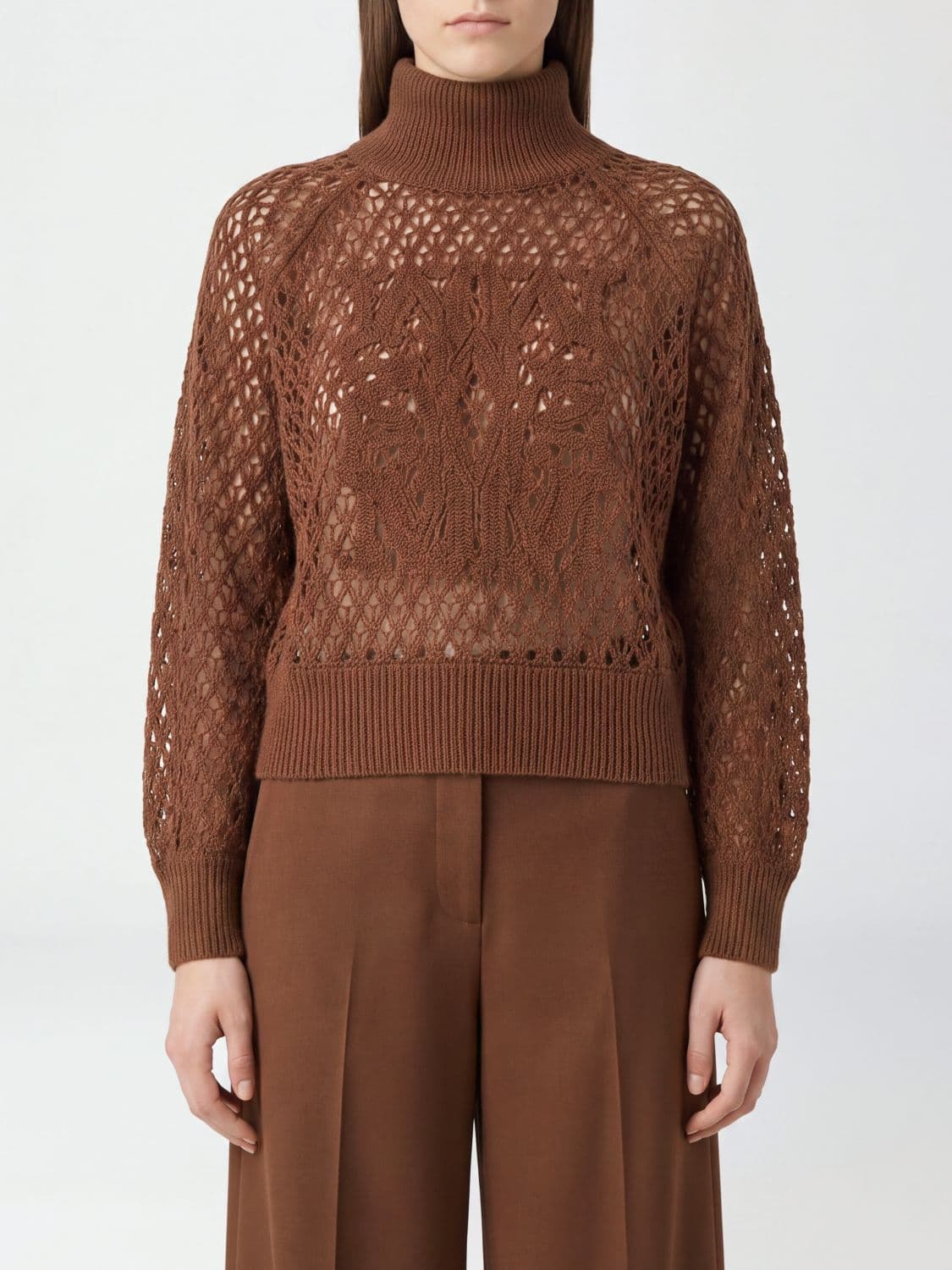 Max Mara Openwork Cashmere and Silk Turtleneck Jumper with Dropped Shoulders