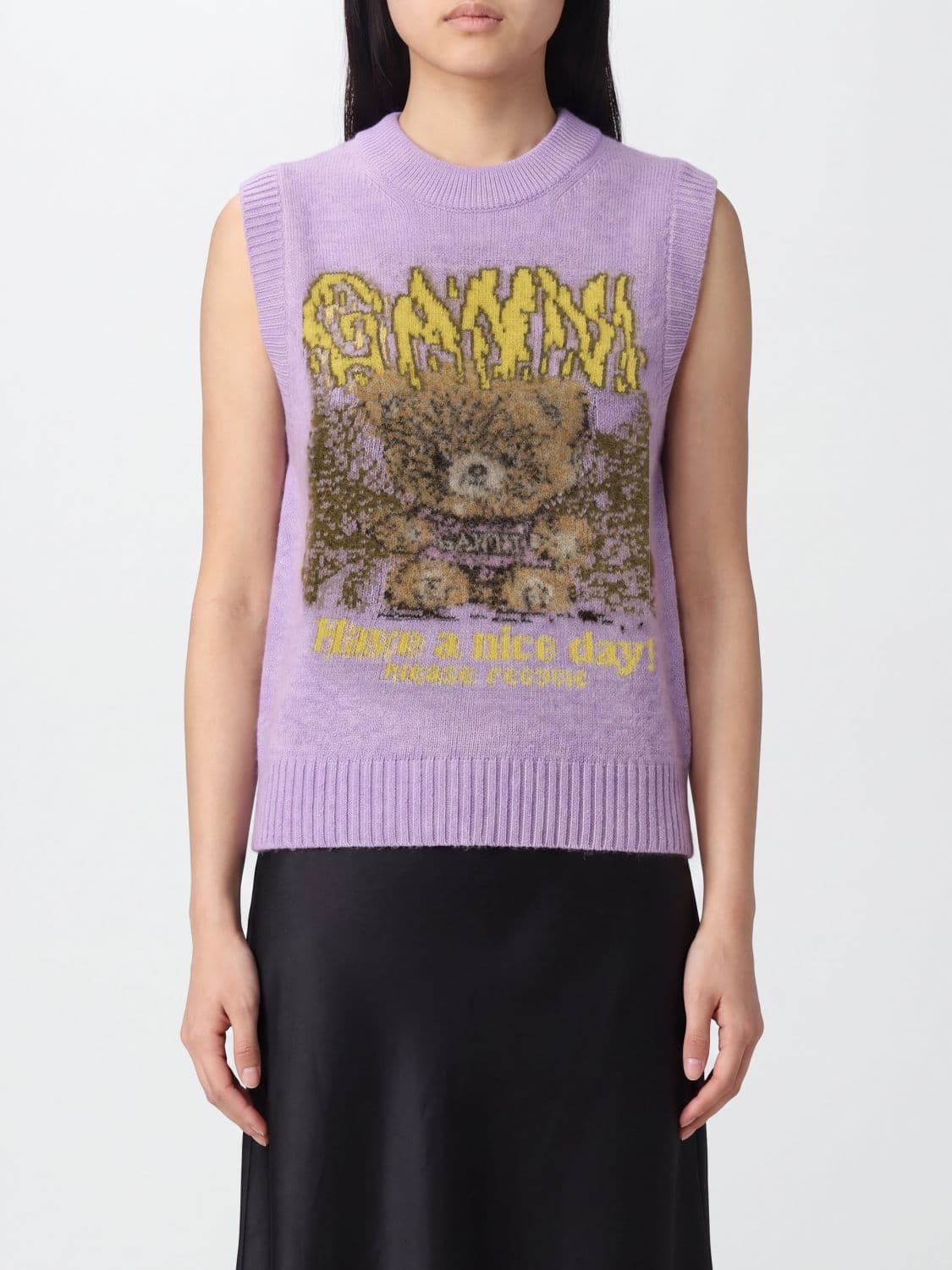 Ganni Teddy Bear Print Slim Fit Wool Blend Knit Vest with Jacquard Logo