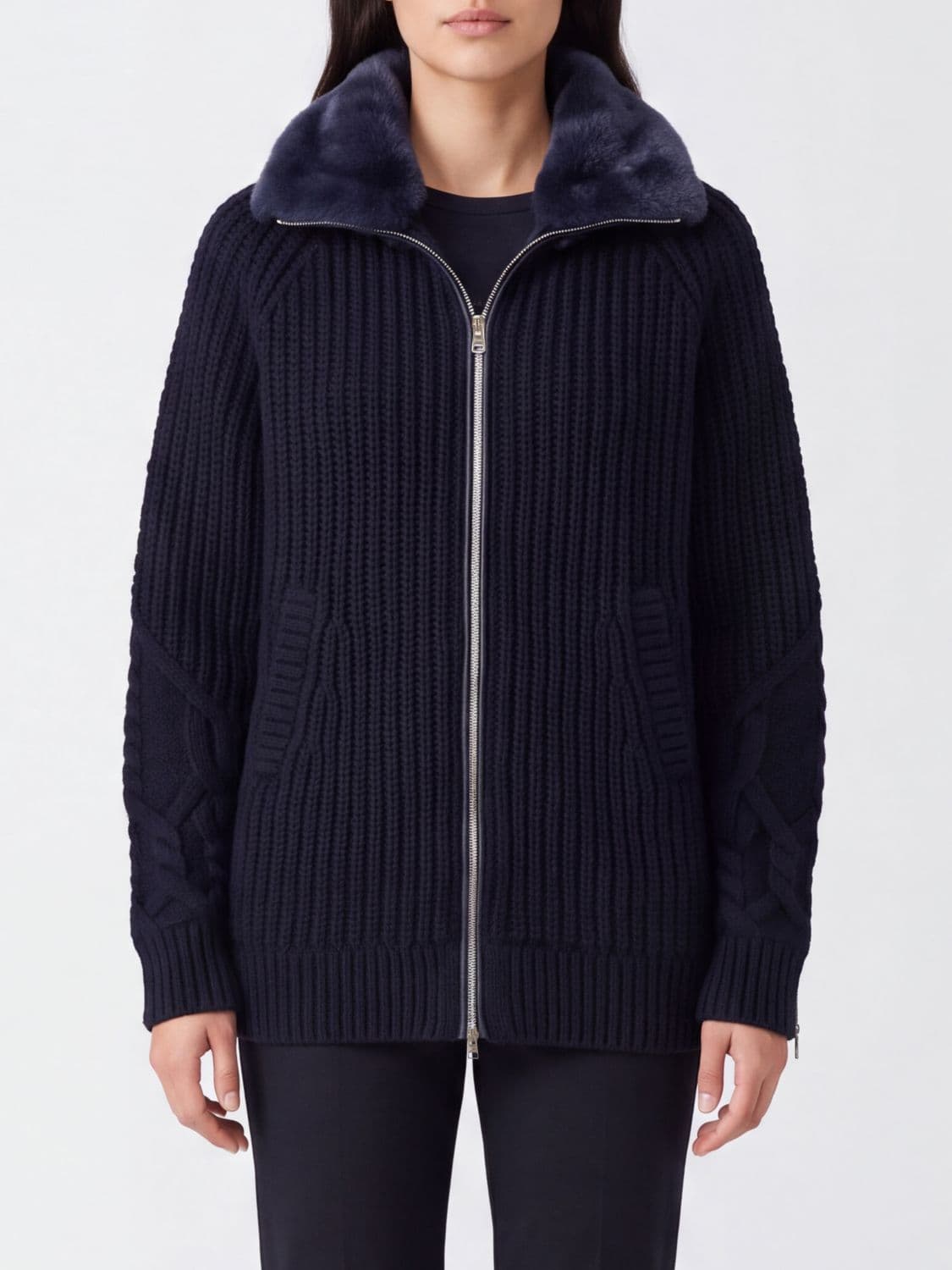 Herno Merino Wool Cardigan with Faux Fur Collar