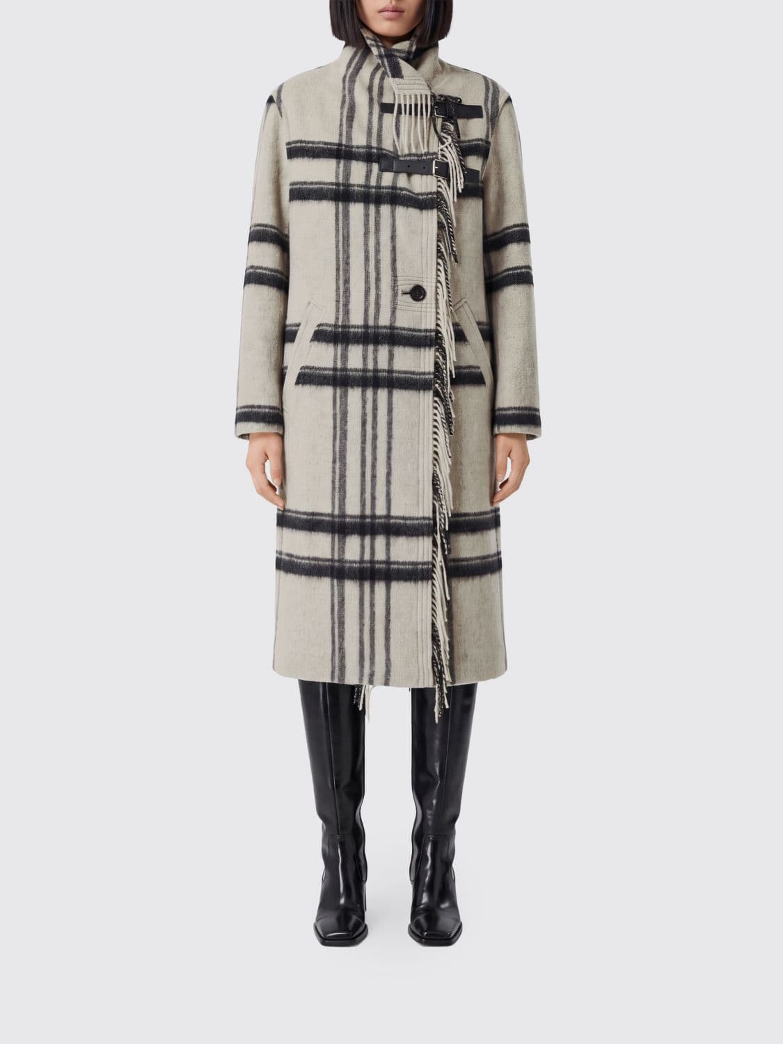Isabel Marant Etoile Single-Breasted Check Wool-Blend Coat with Fringes