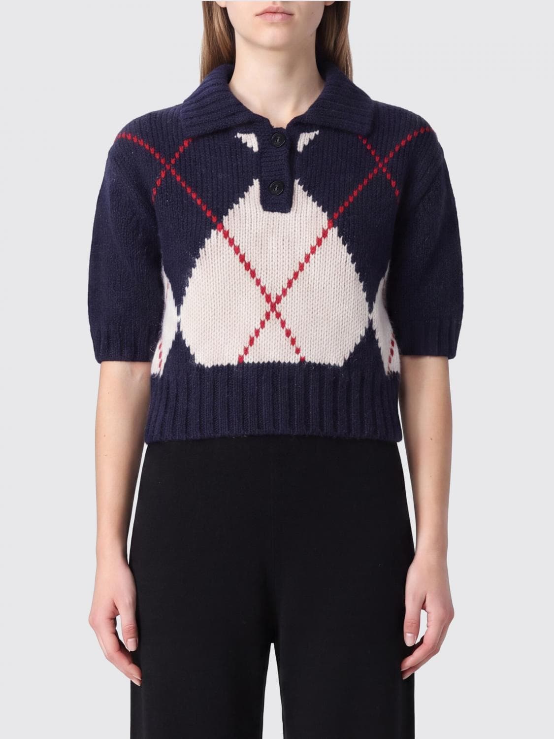N° 21 Argyle Wool-Blend Knit Polo with Puff Sleeves
