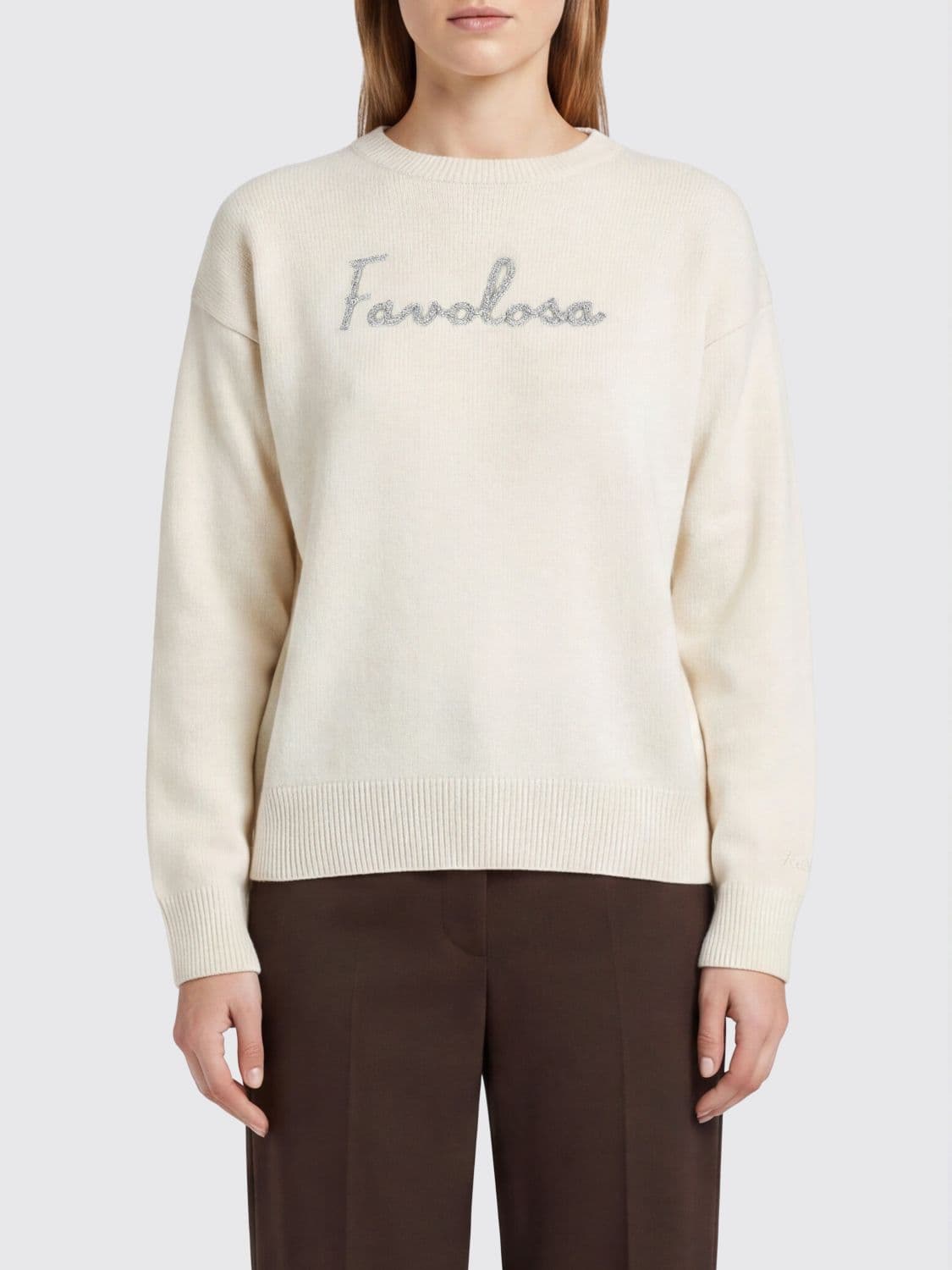 Mc2 Saint Barth Slogan Print Cashmere Blend Crewneck Jumper with Dropped Shoulders
