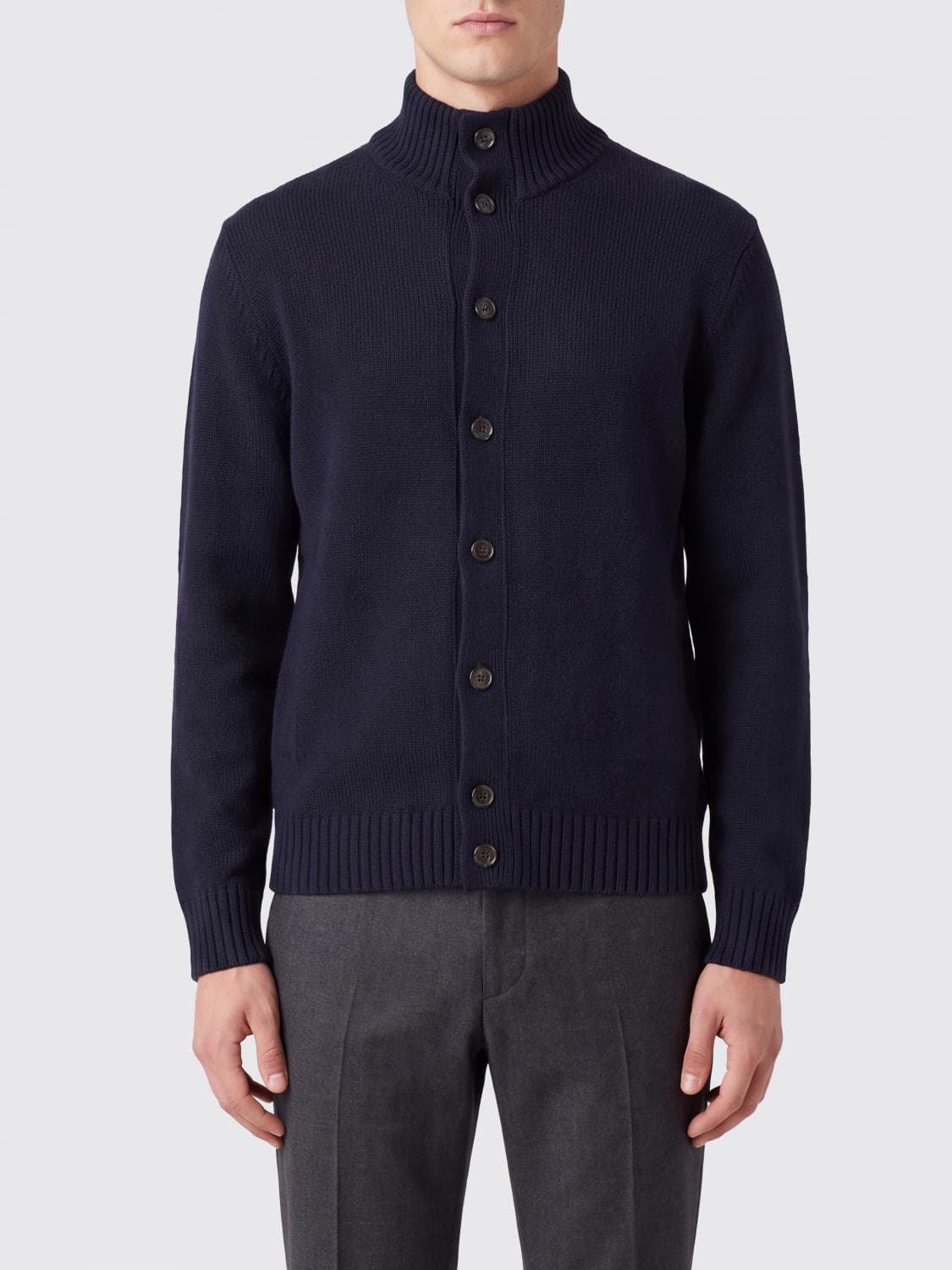 Slowear High-Neck Virgin Wool Cardigan with Button Closure