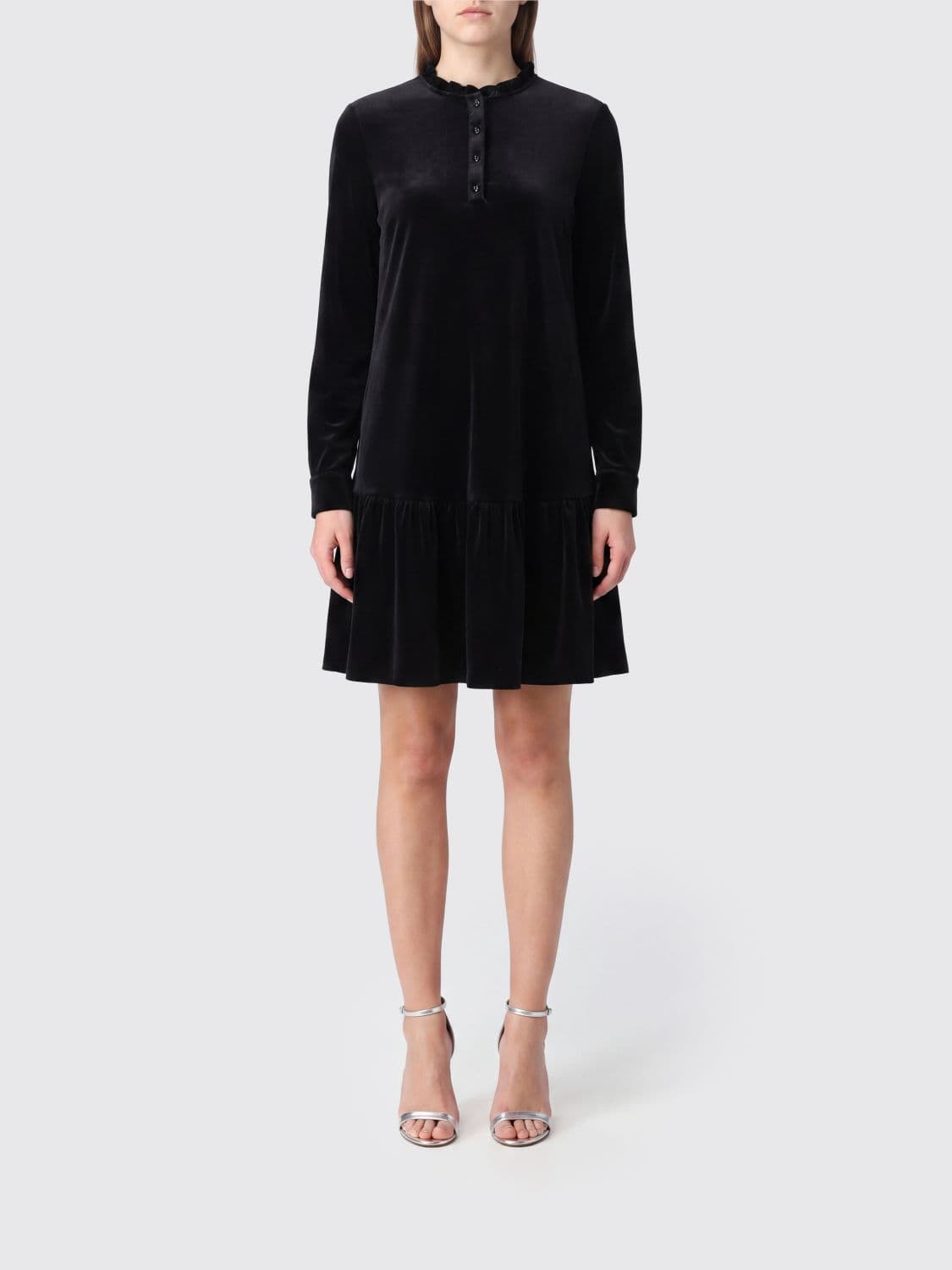Emporio Armani Long-Sleeved Black Velvet A-Line Mini Dress