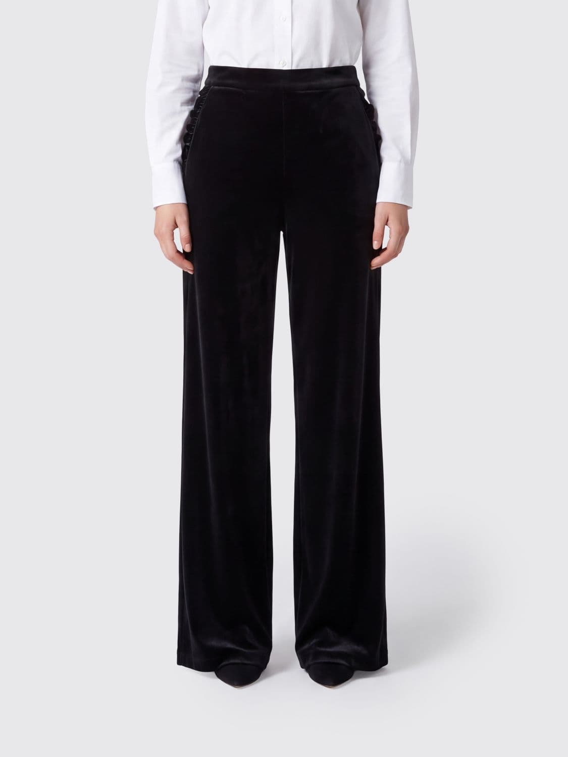 Emporio Armani Wide-Leg Velvet Palazzo Trousers with Ruffles