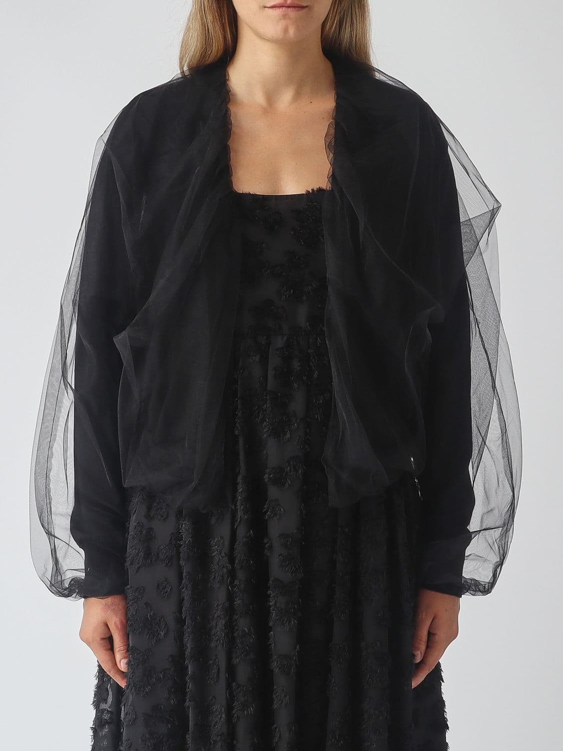 Meimeij Cropped Virgin Wool and Tulle Top with Draped Long Sleeves