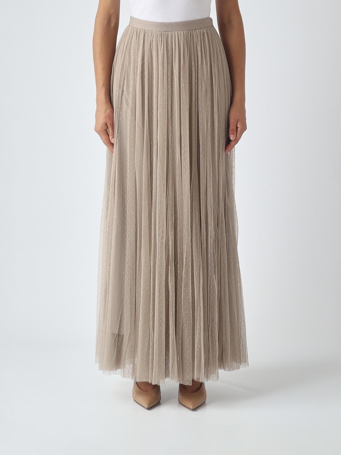 Twinset High-Waisted Pleated Midi Skirt in Tulle with Side Zip Closure