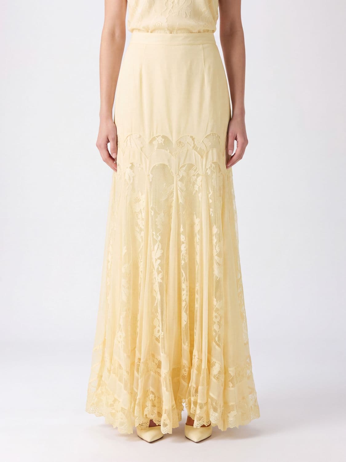 Zimmermann High-Waisted Silk Crêpe Long Skirt with Lace Inserts