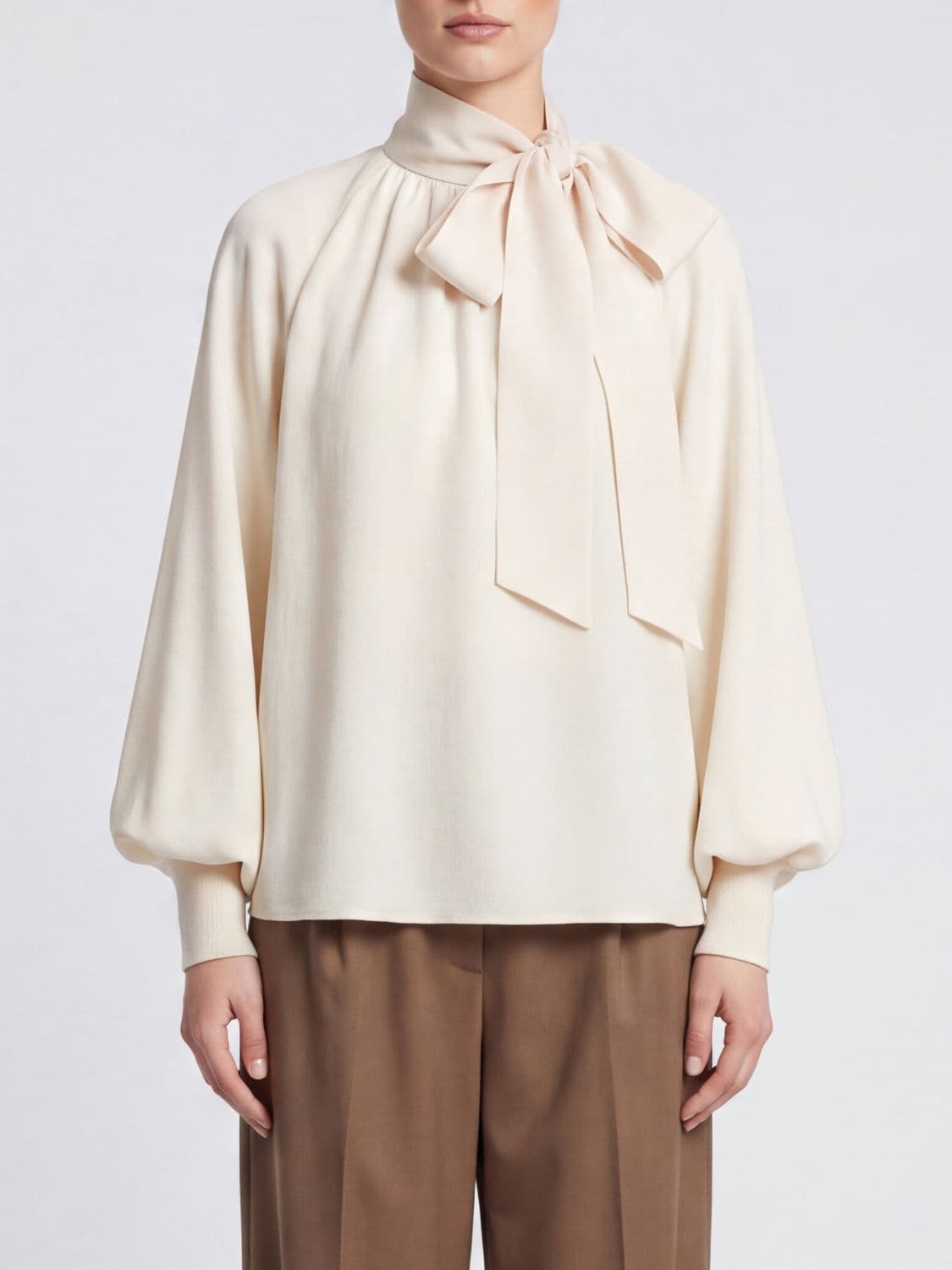 Zimmermann Balloon Sleeve Knit Top in Merino Wool with Pussy-Bow Neck