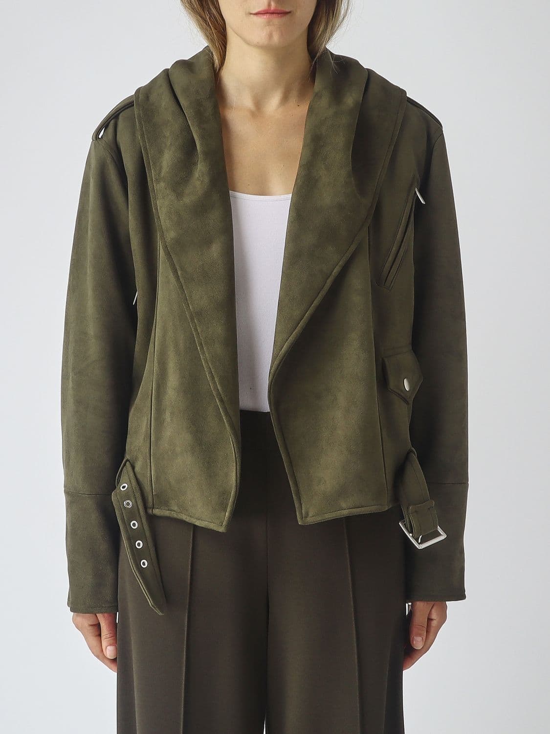 Meimeij Cropped Hooded Jacket in Faux Suede with Shawl Collar