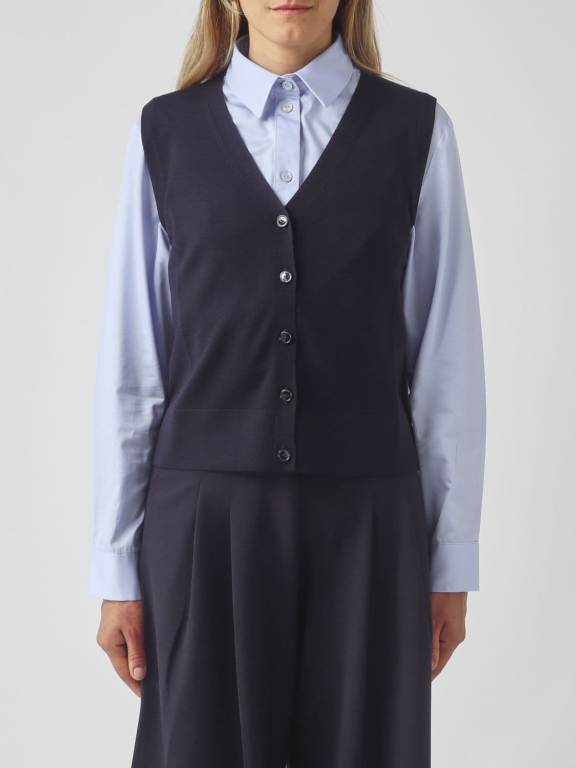 Mm Max Mara Pure Virgin Wool V-Neck Knit Vest with Button Closure