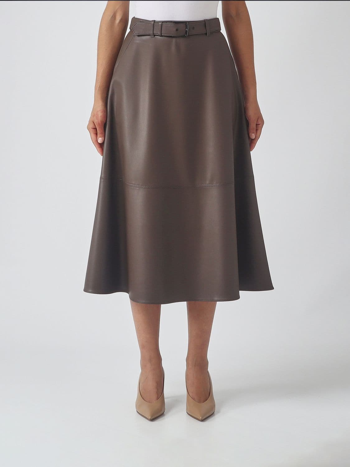 Mm Max Mara Faux Leather Flared Midi Skirt with Belted Waist