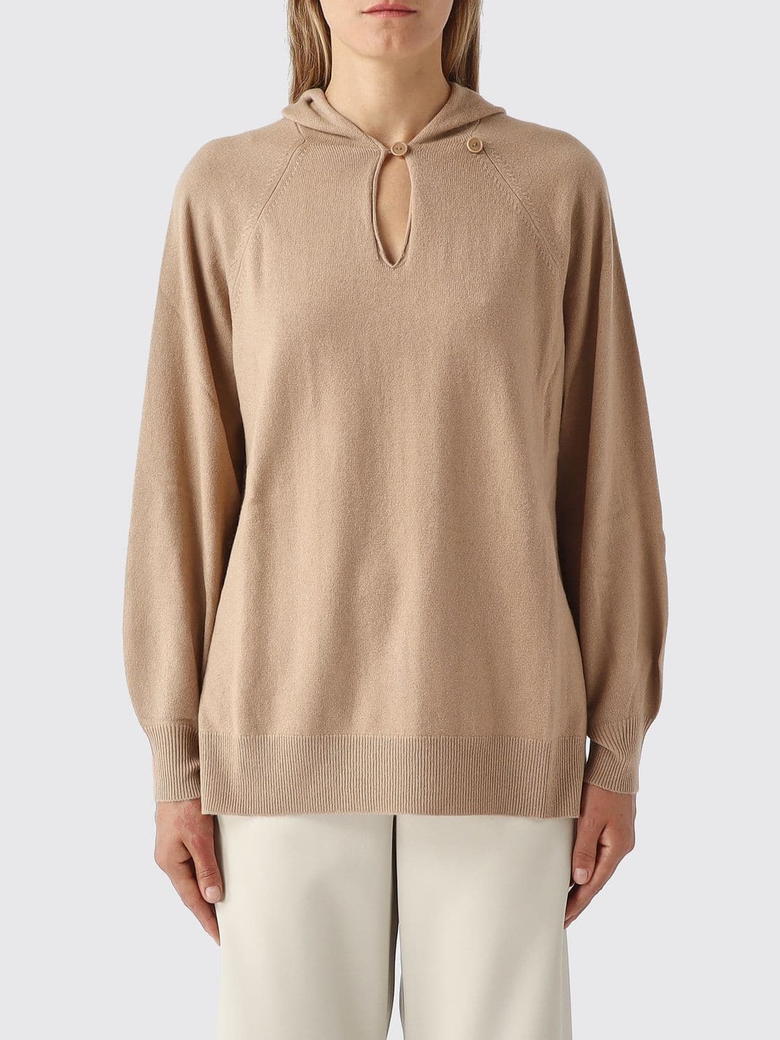 Mm Max Mara V-Neck Hooded Jumper in Virgin Wool and Cashmere Blend