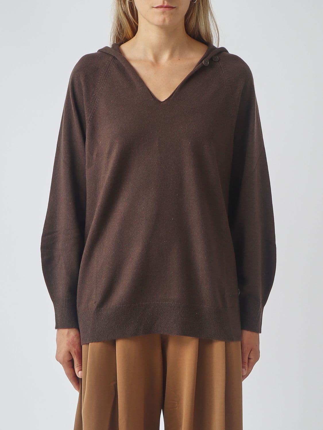 Mm Max Mara V-Neck Hooded Jumper in Virgin Wool and Cashmere Blend