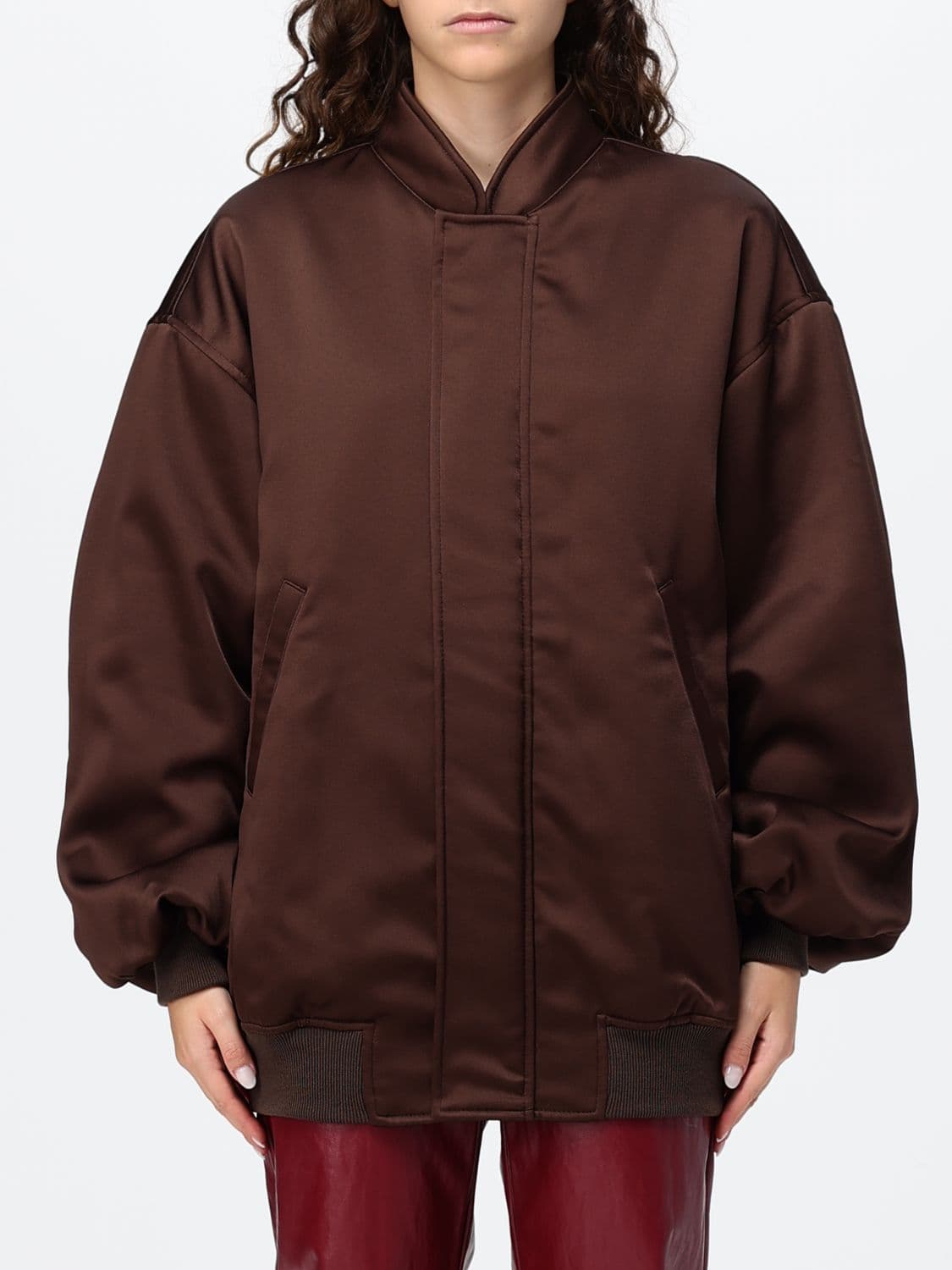 Federica Tosi Satin Bomber Jacket with Concealed Fastening and Dropped Shoulders