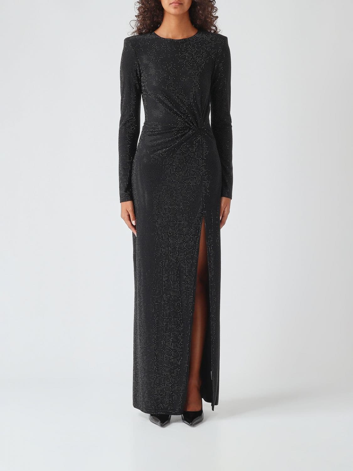 Twenty Fourhaitch Long Evening Gown in Crystal Mesh with Rhinestones and Front Slit