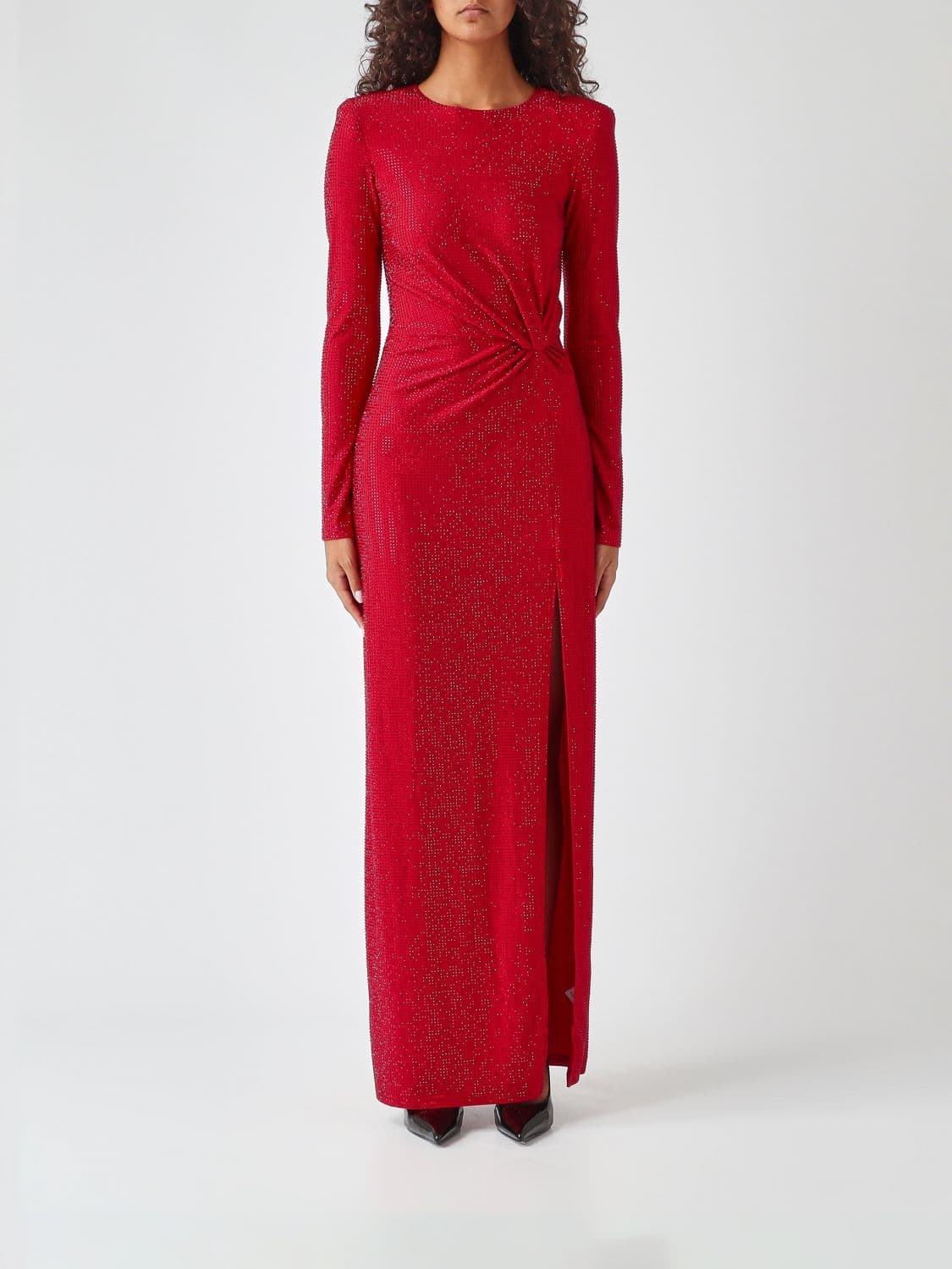 Twenty Fourhaitch Long Evening Gown in Crystal Mesh with Rhinestones and Front Slit