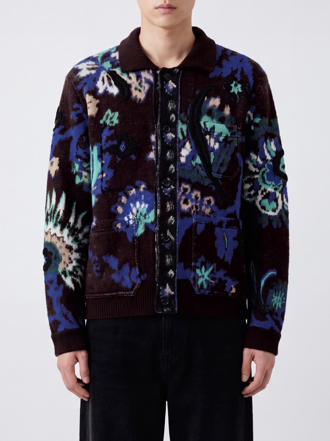 Sacai X Carhartt Wip Single-Breasted Jacquard Wool Cardigan with Ribbed Collar