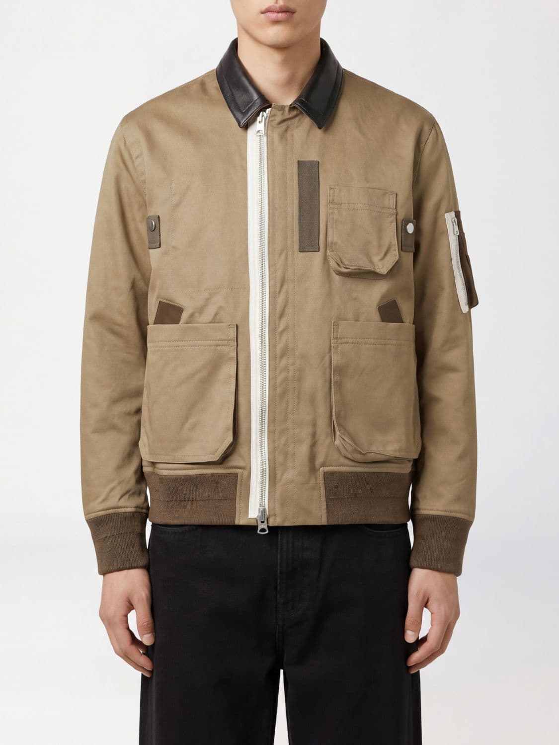 Sacai X Carhartt Wip Polyester Bomber Jacket with Leather Collar and Zip Closure
