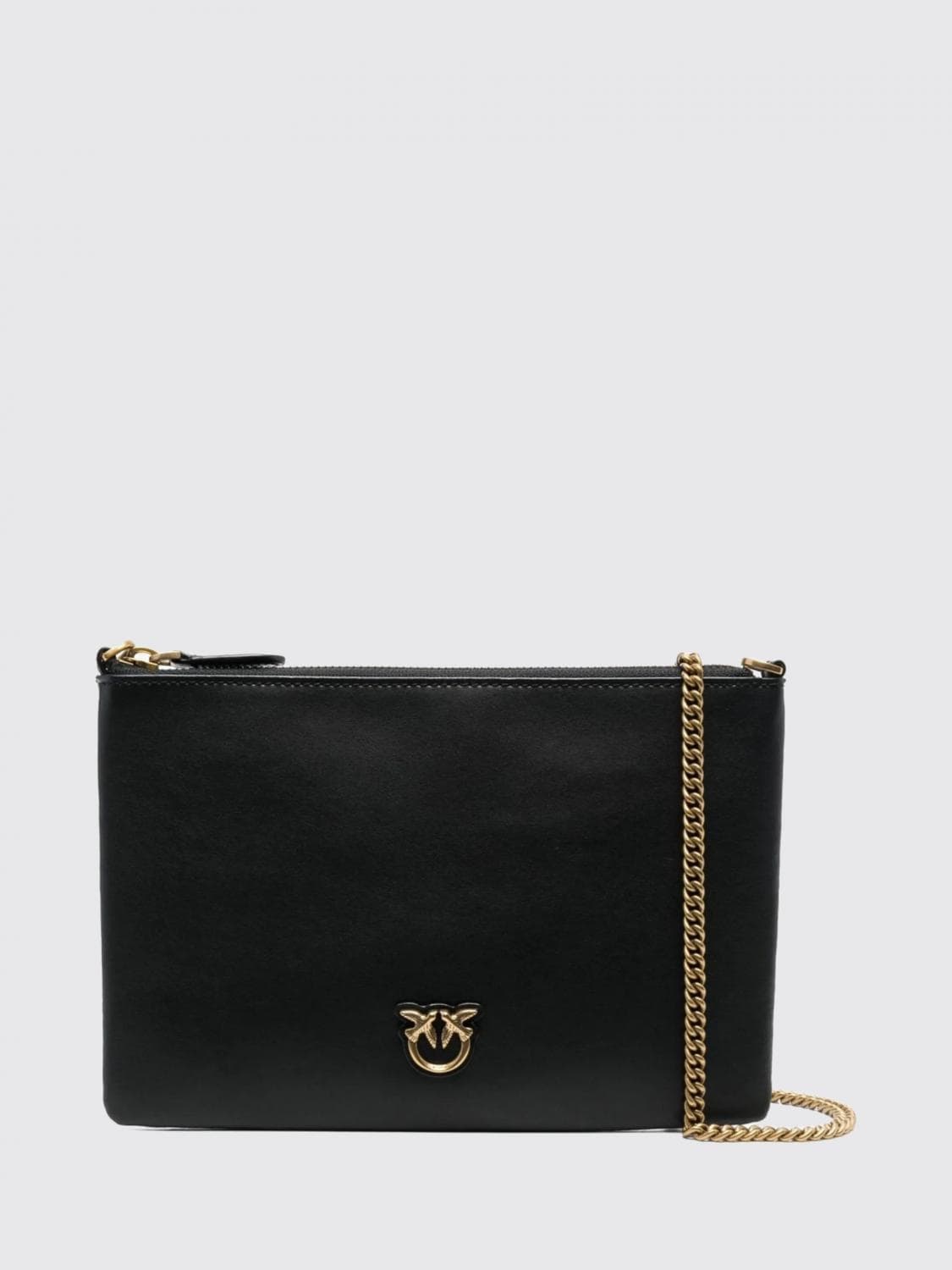 Pinko Love Bag Simple Leather Clutch with Chain-Link Strap and Love Birds Logo