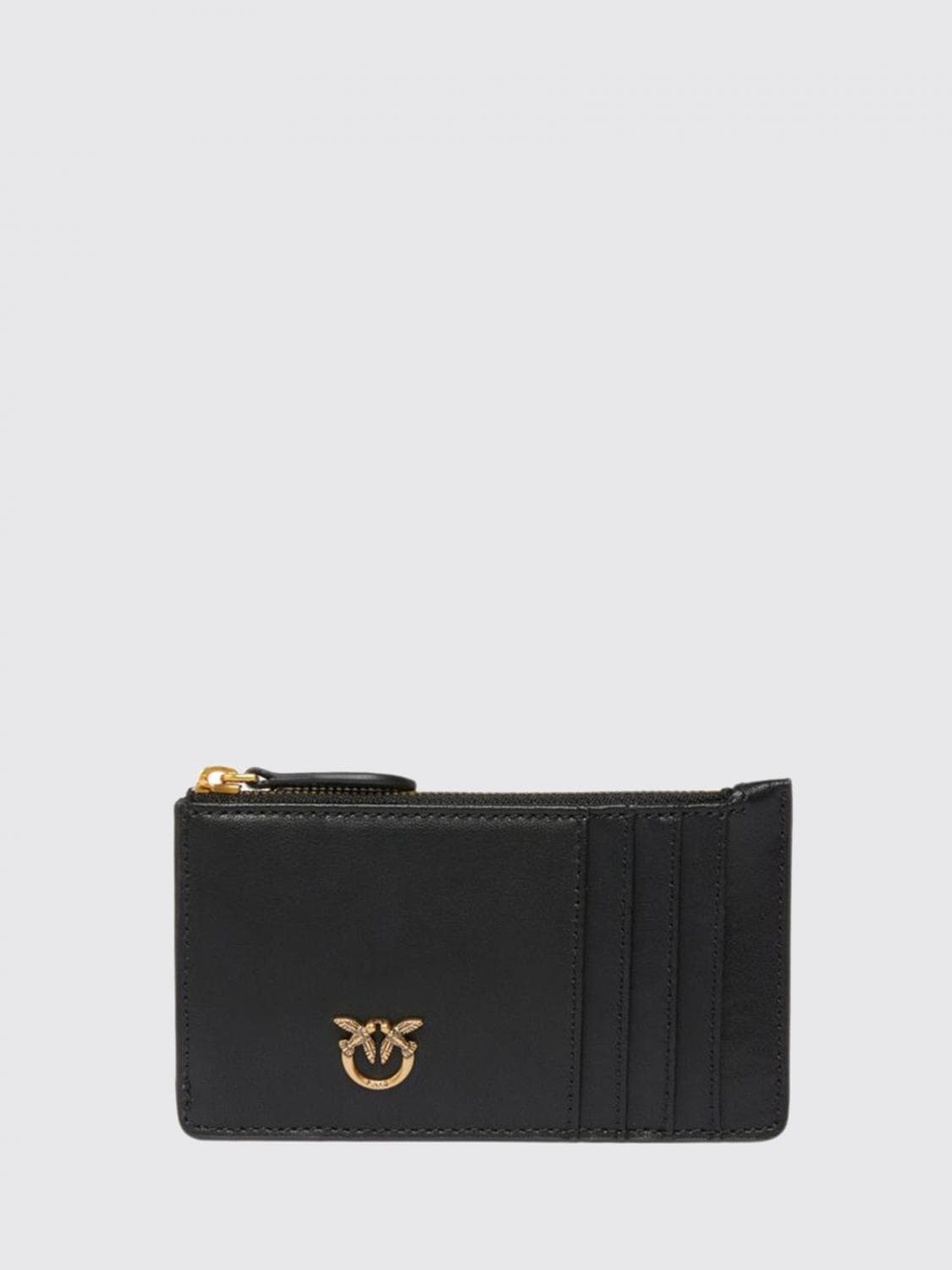Pinko Flat Leather Card Holder with Love Birds Logo and Zip Closure
