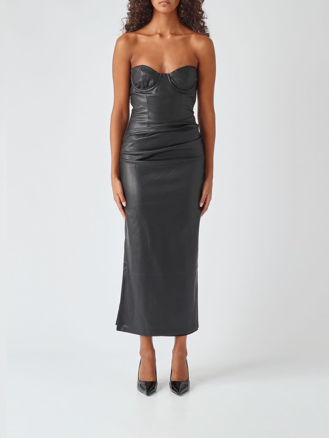 Twenty Fourhaitch Faux Leather Sheath Midi Dress with Sweetheart Neckline
