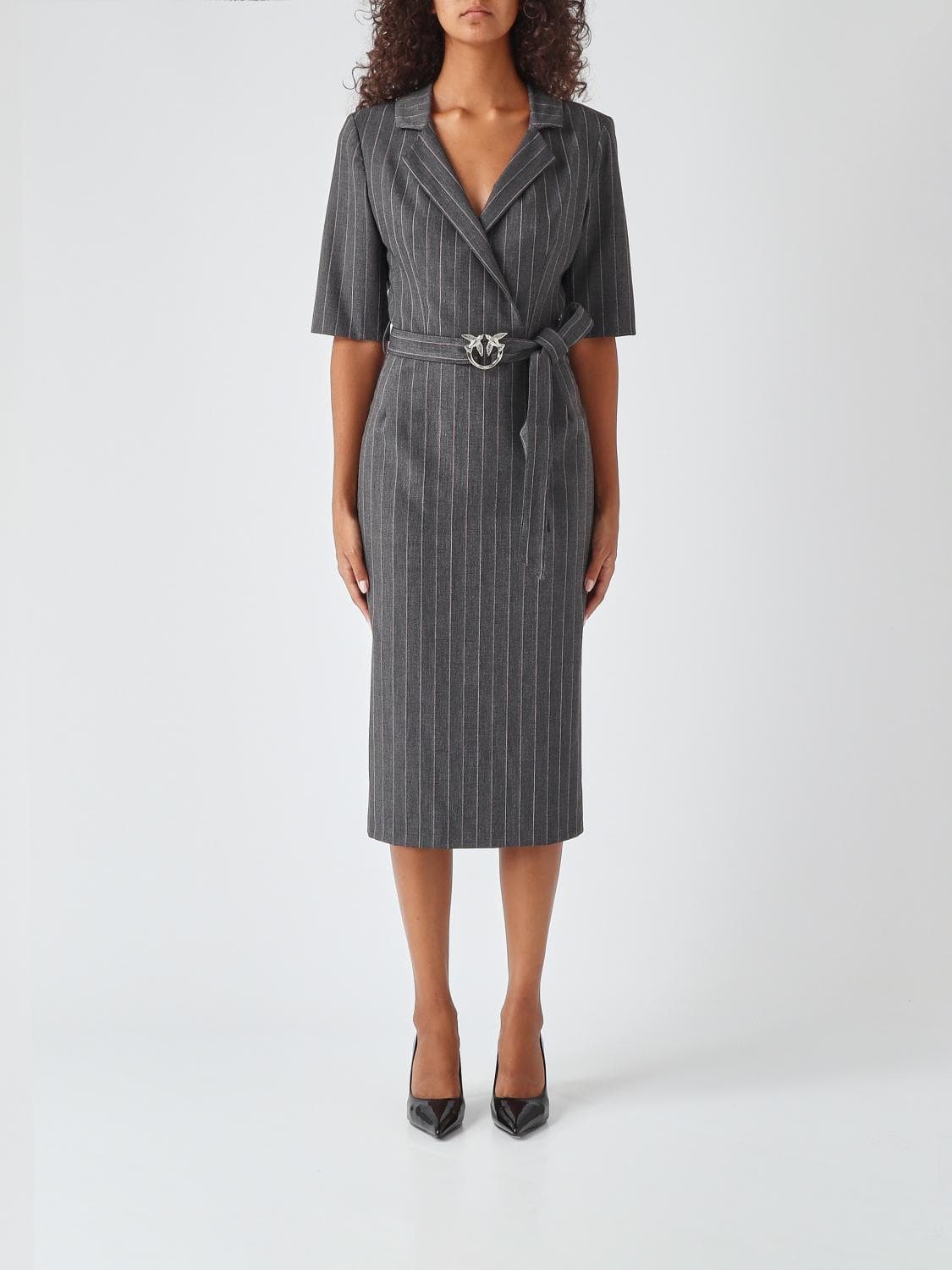 Pinko Anthea Pinstriped Wool Blend Sheath Midi Dress with Lapel Collar