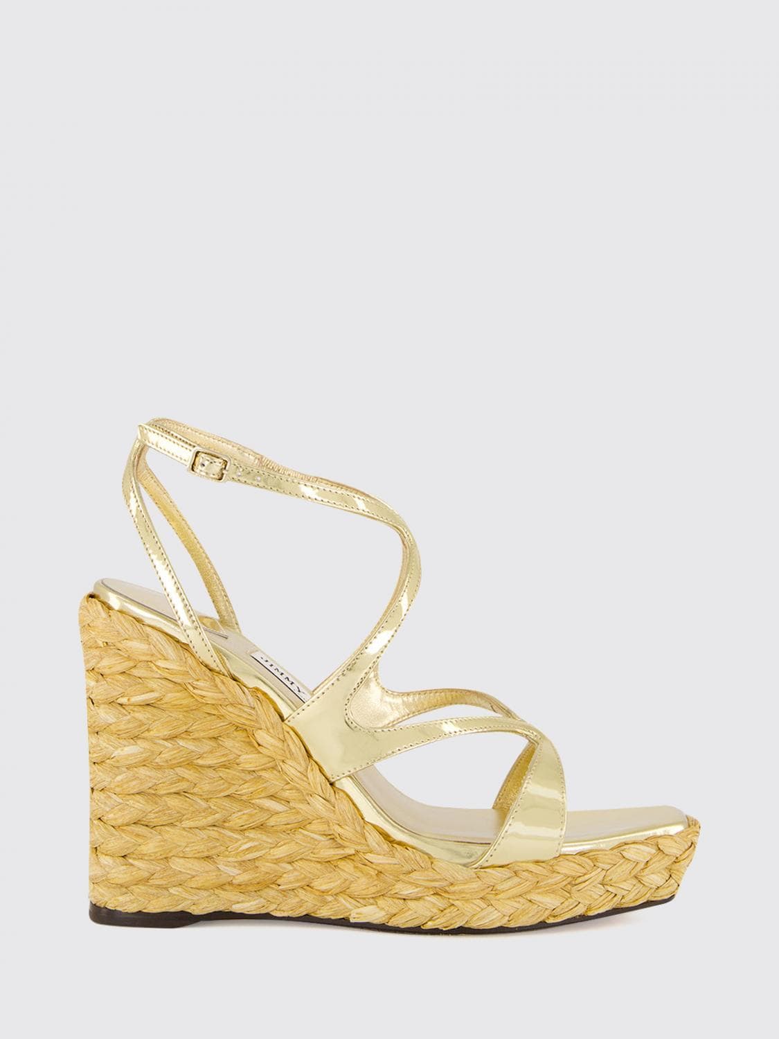 Jimmy Choo Ayla Patent Leather and Jute Wedge Sandals with Square Toe