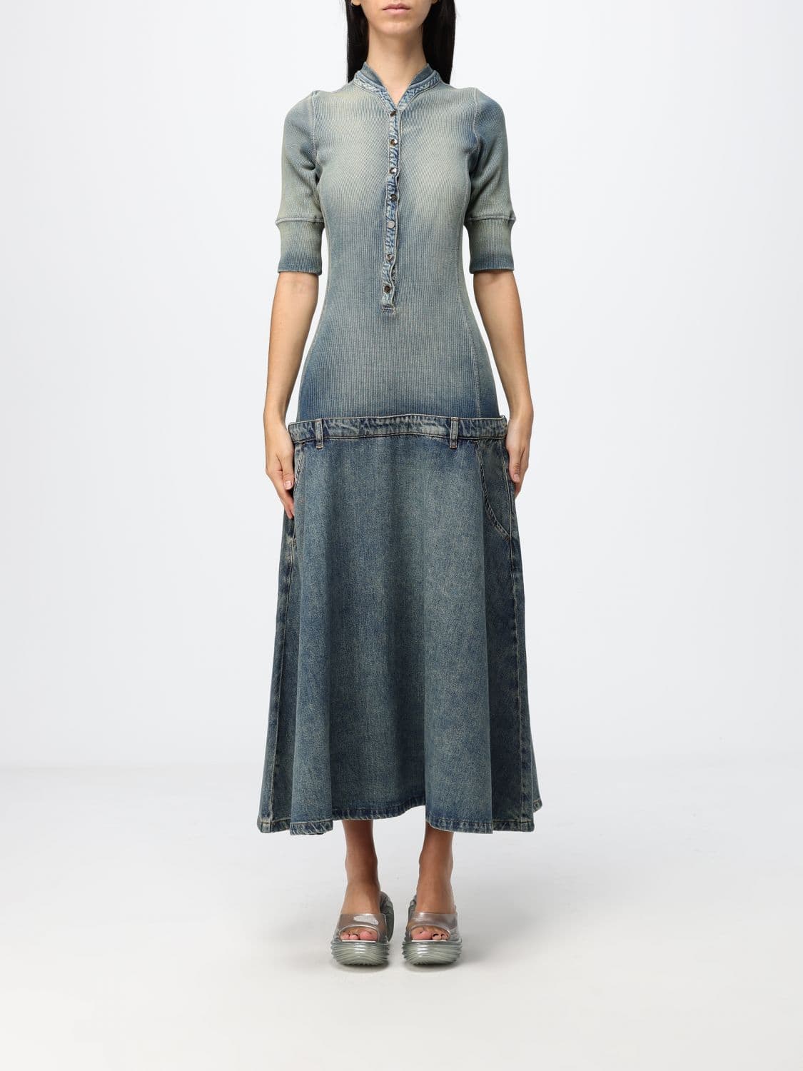Diesel De-Anim-S Ribbed Denim Jersey Midi Shirt Dress