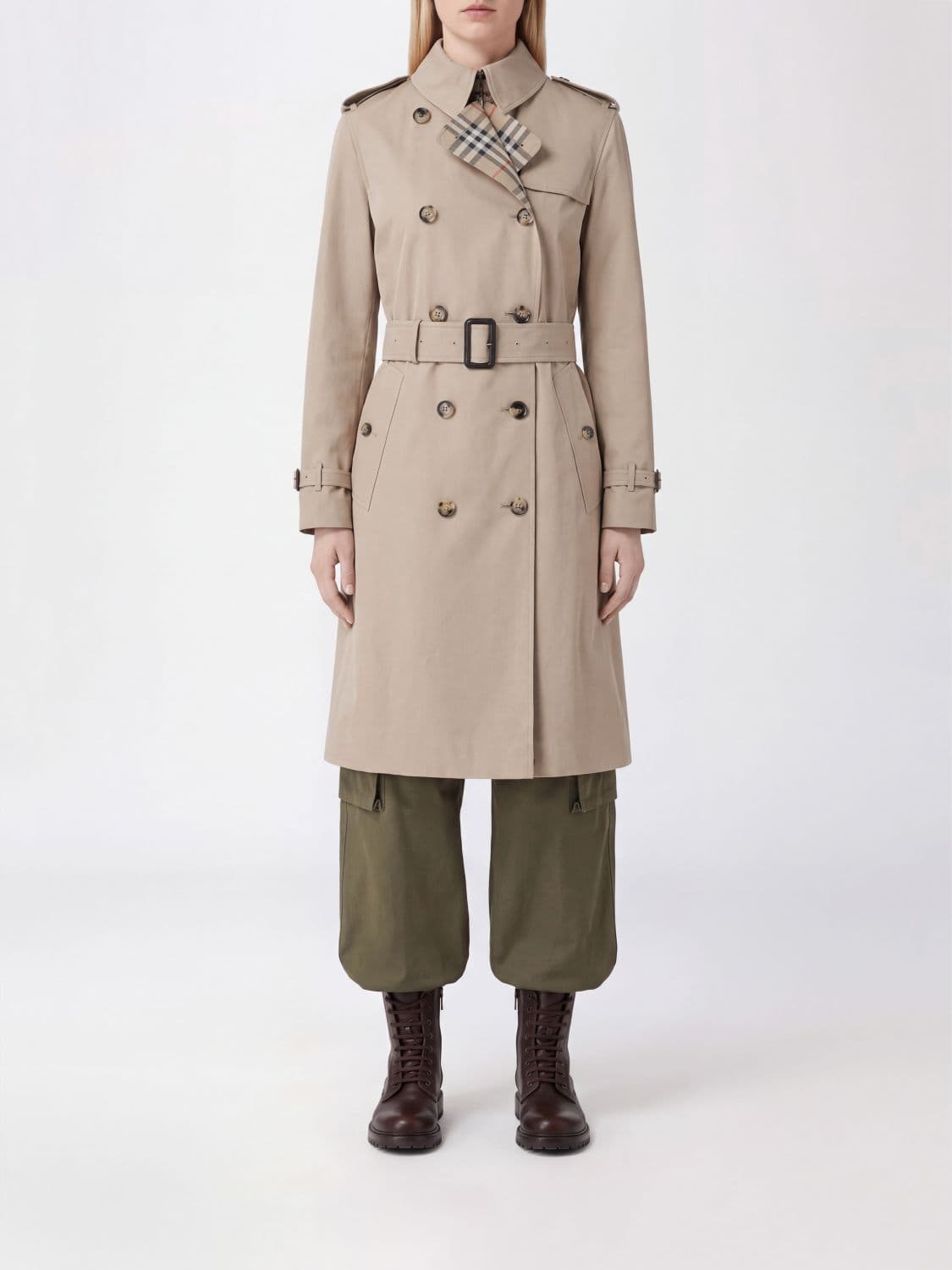 Burberry Long Double-Breasted Cotton Trench Coat with Check Lining
