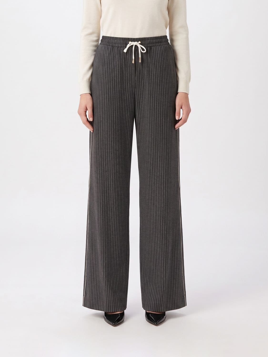 Liu Jo Pinstripe Straight Jersey Trousers with High Elasticated Waist