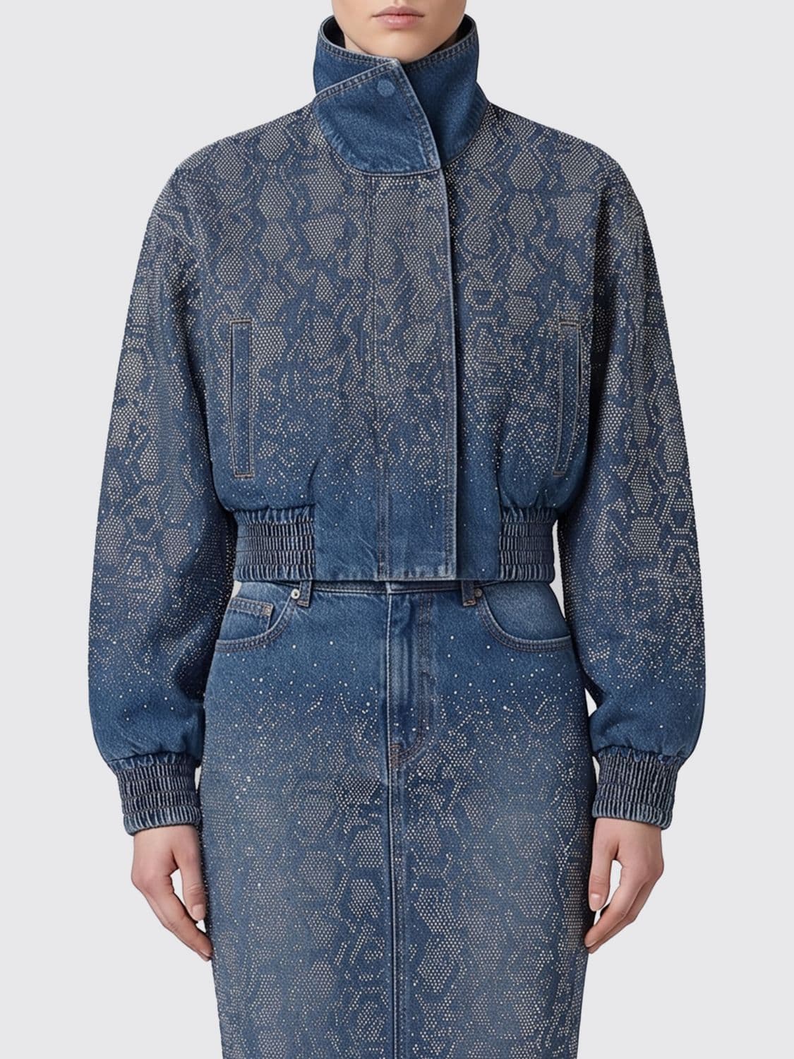 Liu Jo High-Neck Cotton Denim Jacket with Crystal Embellishments