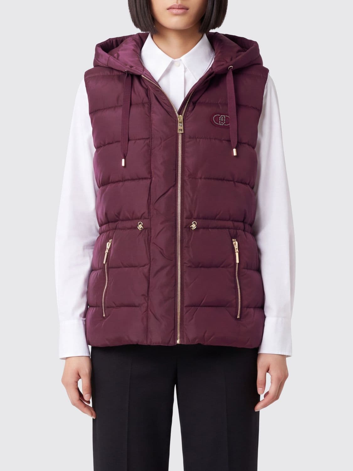 Liu Jo Quilted and Padded Nylon Vest with Hood and Rhinestone Logo