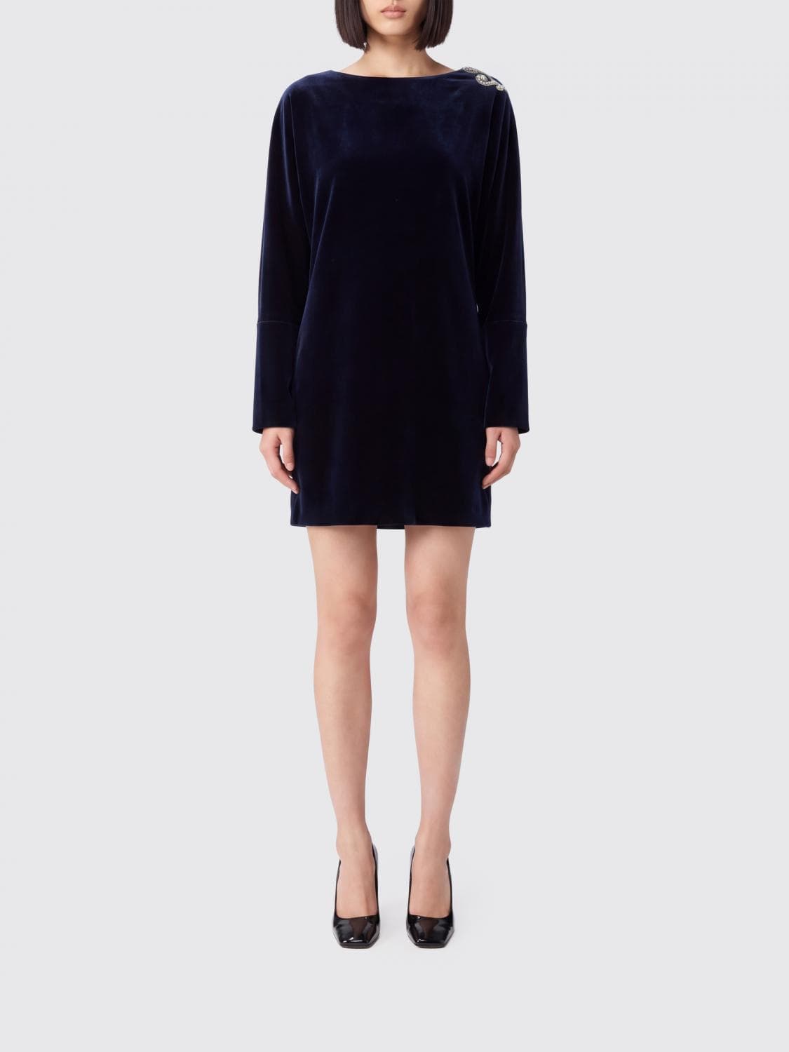 Versace Velvet Mini Sheath Dress with Rhinestones and Round Neck